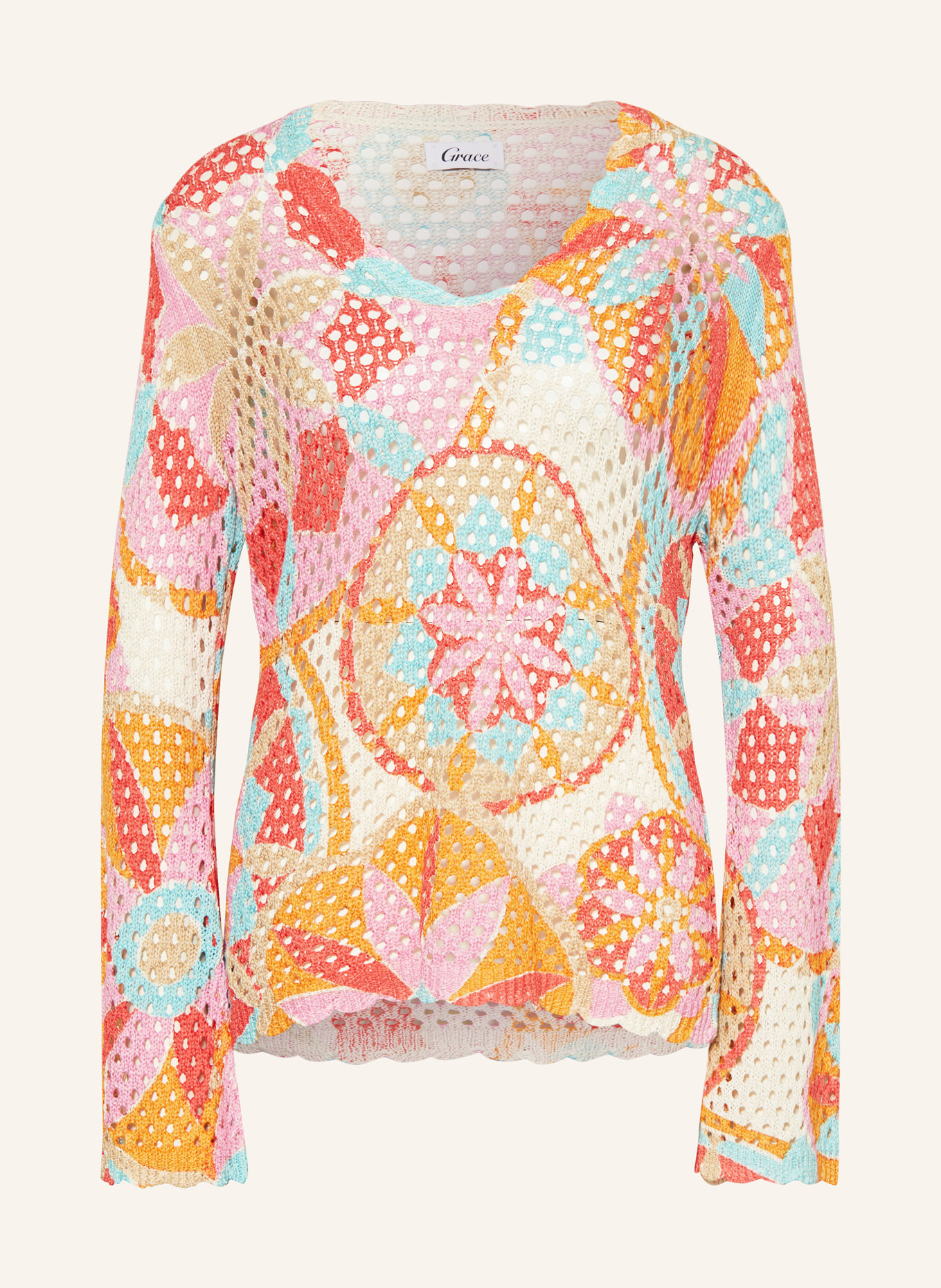 Grace Sweater, Color: BEIGE/ PINK/ TURQUOISE (Image 1)