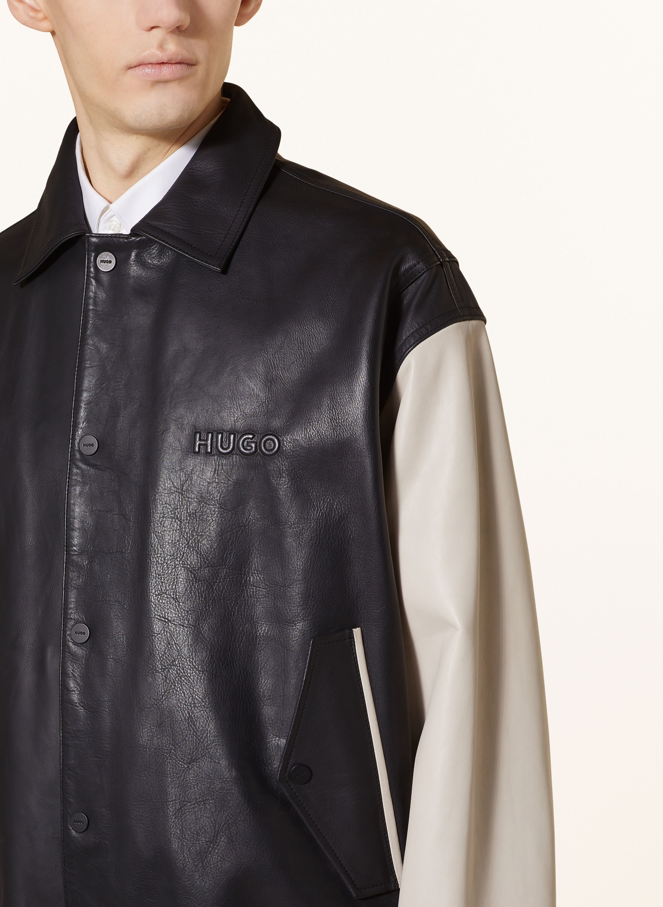 HUGO College jacket LUGOS made of leather, Color: BLACK/ LIGHT GRAY (Image 4)
