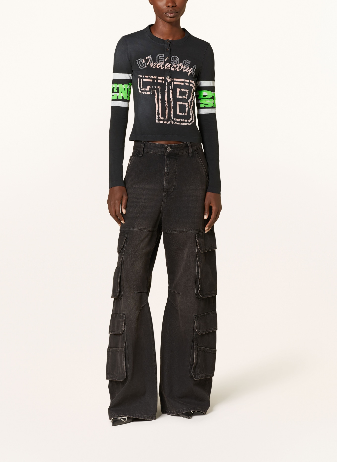 DIESEL Long sleeve shirt T-UNCSERAFIN, Color: BLACK/ WHITE/ NEON GREEN (Image 2)