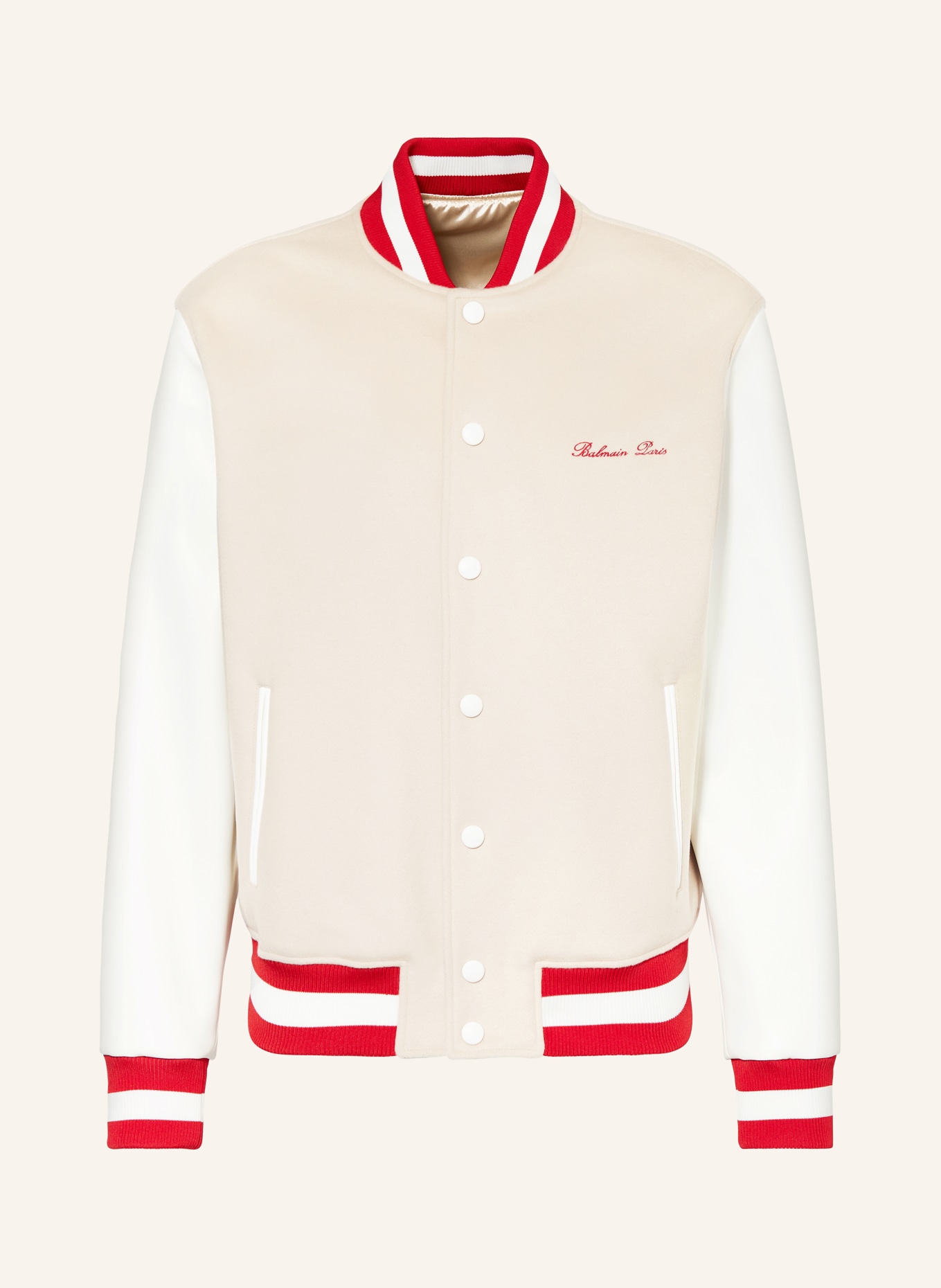 BALMAIN Bomber jacket in mixed materials, Color: BEIGE/ RED/ WHITE (Image 1)