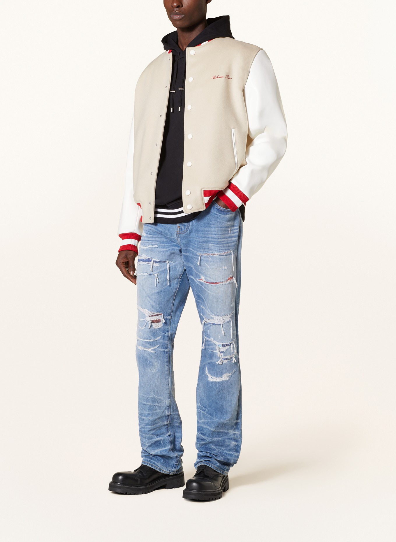 BALMAIN Bomber jacket in mixed materials, Color: BEIGE/ RED/ WHITE (Image 2)