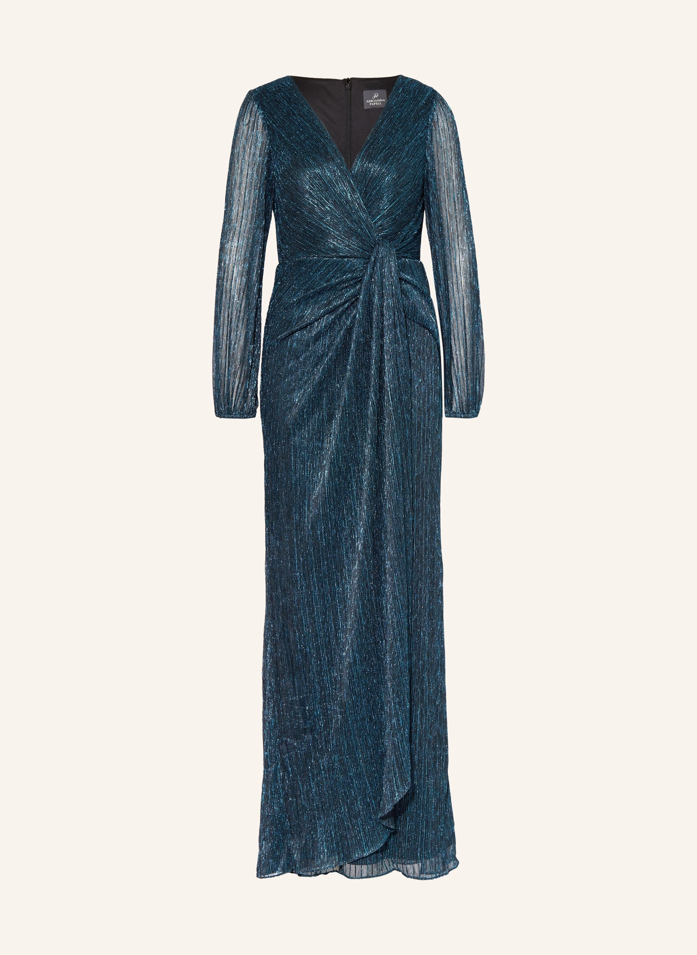 ADRIANNA PAPELL Sukienka wieczorowa w stylu kopertowym z błyszczącą przędzą, Kolor: PETROL (Obrazek 1)