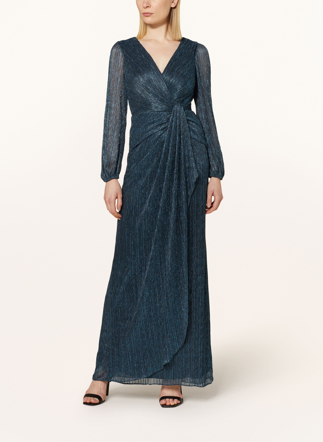 ADRIANNA PAPELL Sukienka wieczorowa w stylu kopertowym z błyszczącą przędzą, Kolor: PETROL (Obrazek 2)