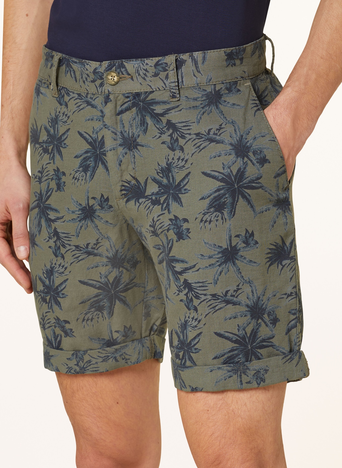 STROKESMAN'S Slim fit korte broek met linnen: OLIJF / DONKERBLAUW