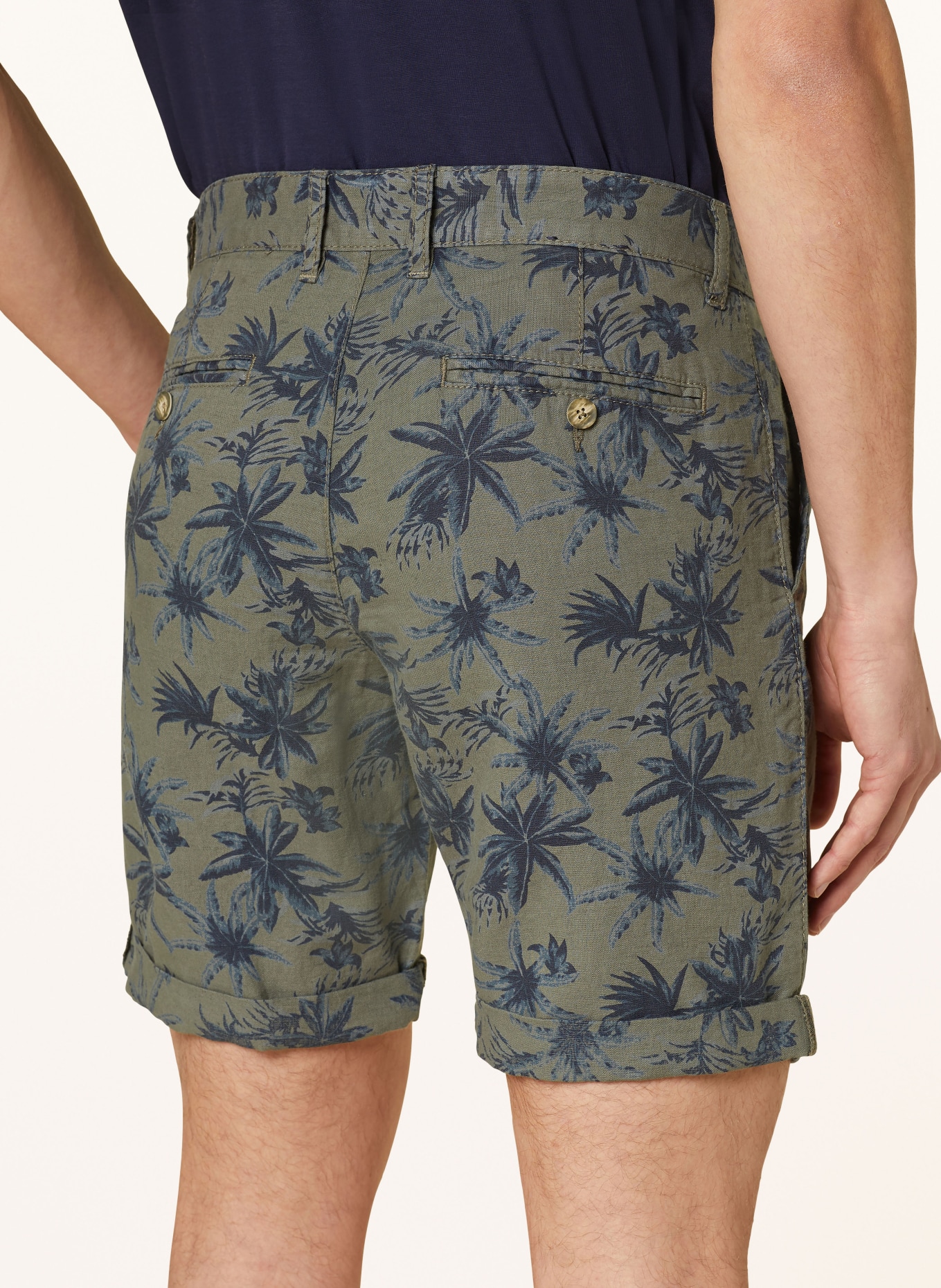 STROKESMAN'S Slim fit korte broek met linnen: OLIJF / DONKERBLAUW