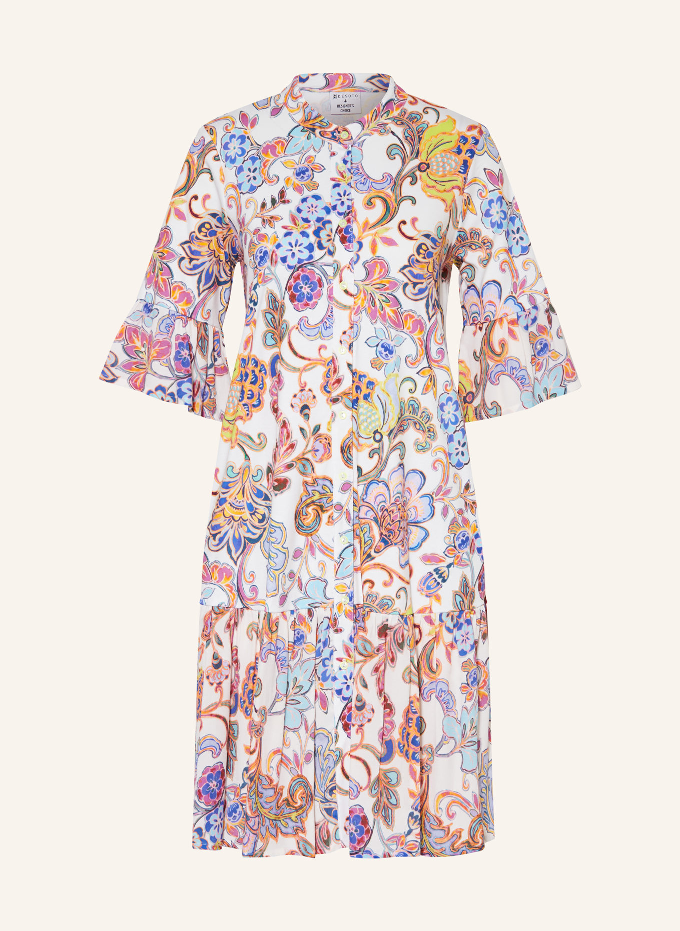 DESOTO Sukienka koszulowa NADA z mieszanki materiałów z wolantami, Kolor: ECRU/ MOCNORÓŻOWY/ NIEBIESKI (Obrazek 1)