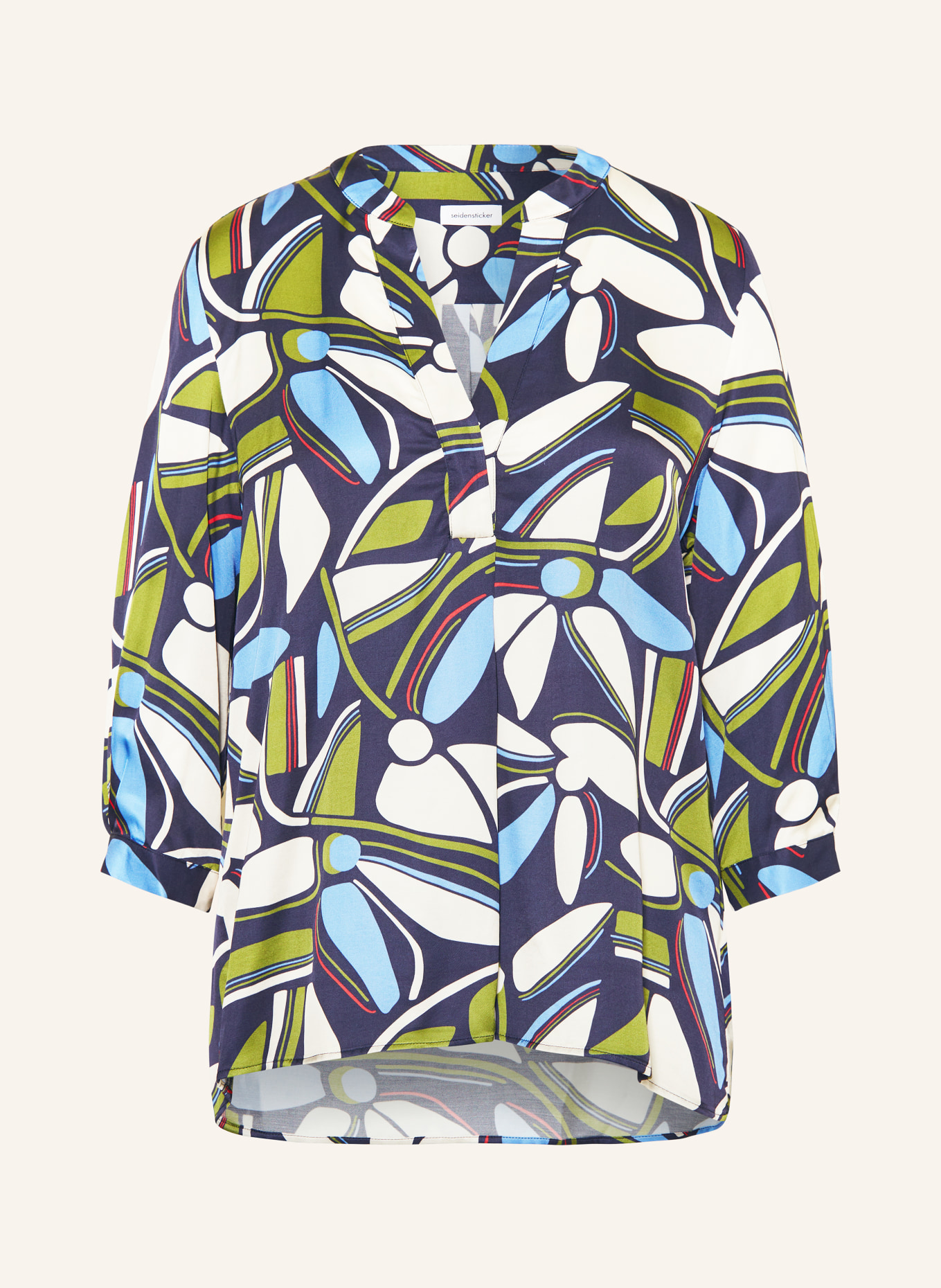 seidensticker Shirt blouse made of satin with 3/4 sleeves, Color: DARK BLUE/ OLIVE/ ECRU (Image 1)