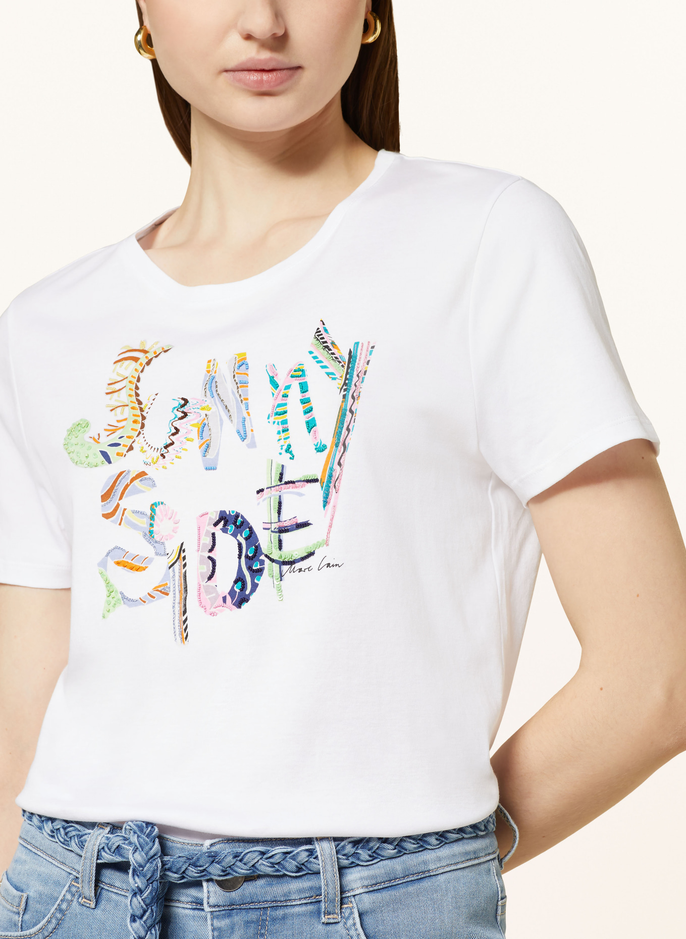 MARC CAIN T-shirt z perełkami i cekinami, Kolor: 100 WHITE (Obrazek 4)
