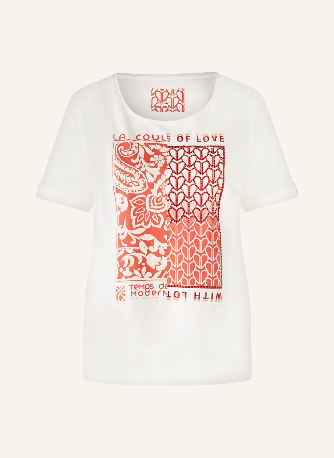 oui T-shirt z obszyciem ozdobnymi kamykami, Kolor: BIAŁY/ CZERWONY/ JASNOŻÓŁTY (Obrazek 1)