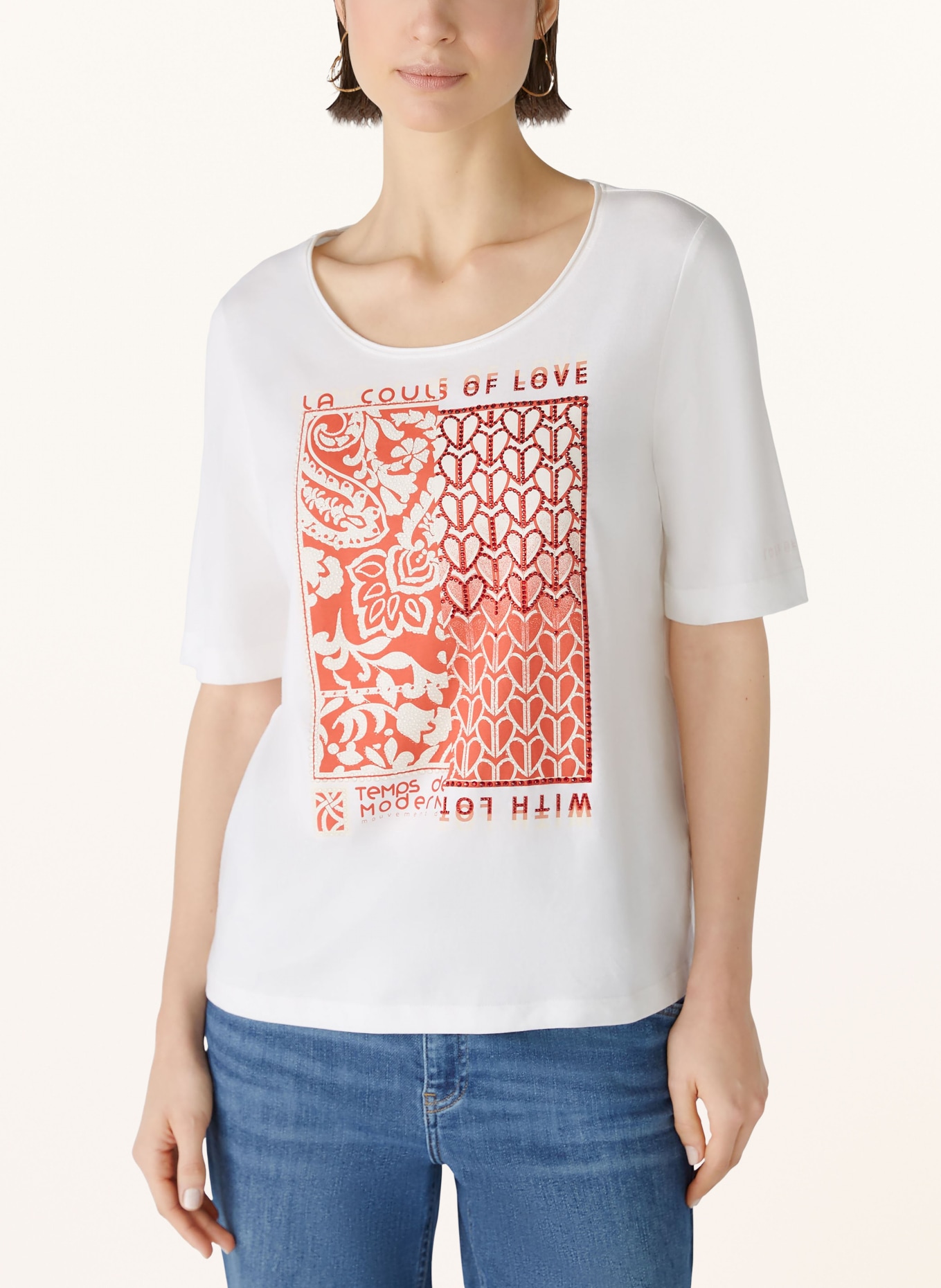 oui T-shirt with decorative gems, Color: WHITE/ RED/ LIGHT YELLOW (Image 2)