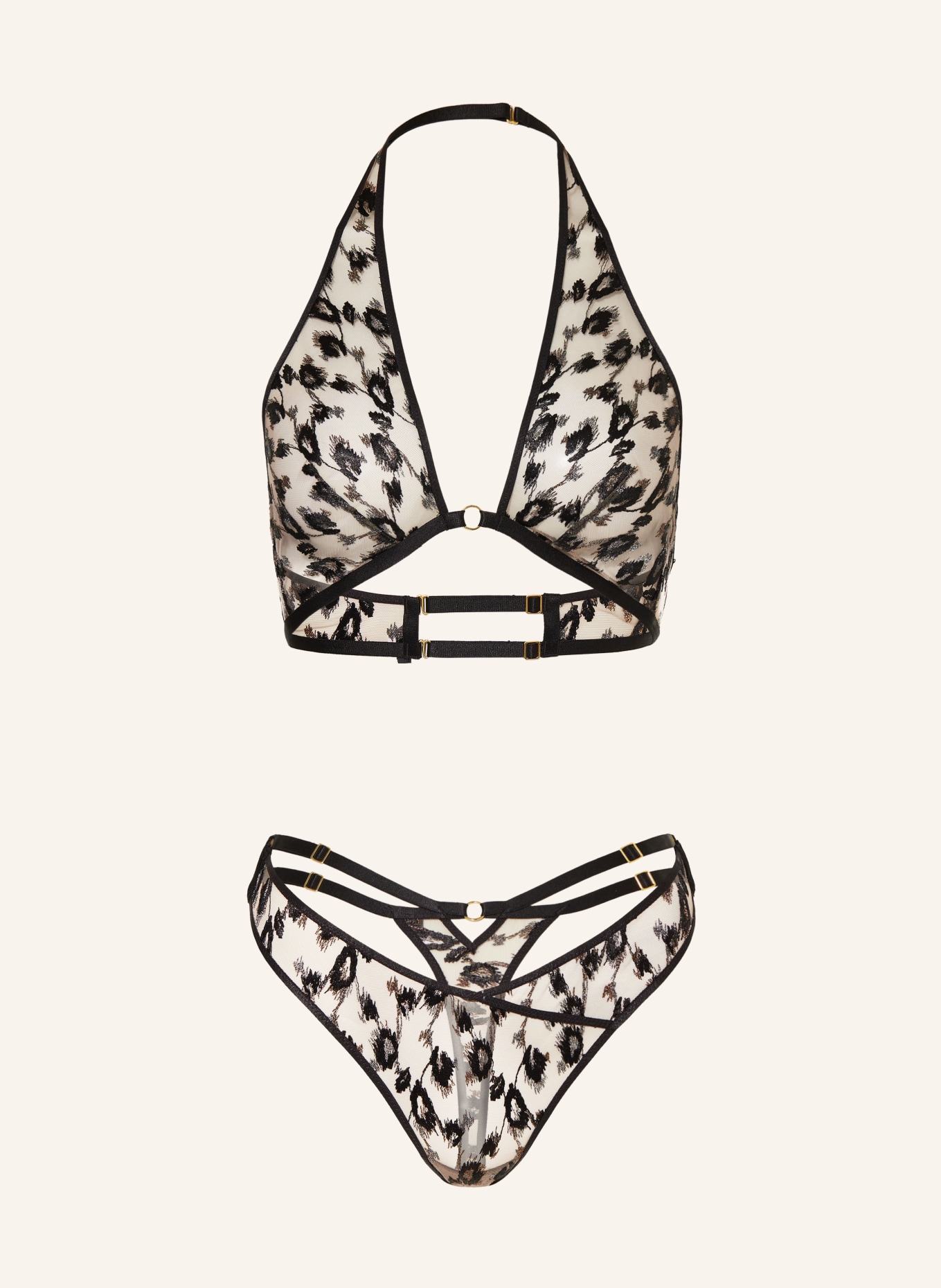 Aubade Set ABSOLUTELY WILD: Triangle bra and thong with glitter thread, Color: TAUPE/ BLACK/ GOLD (Image 1)