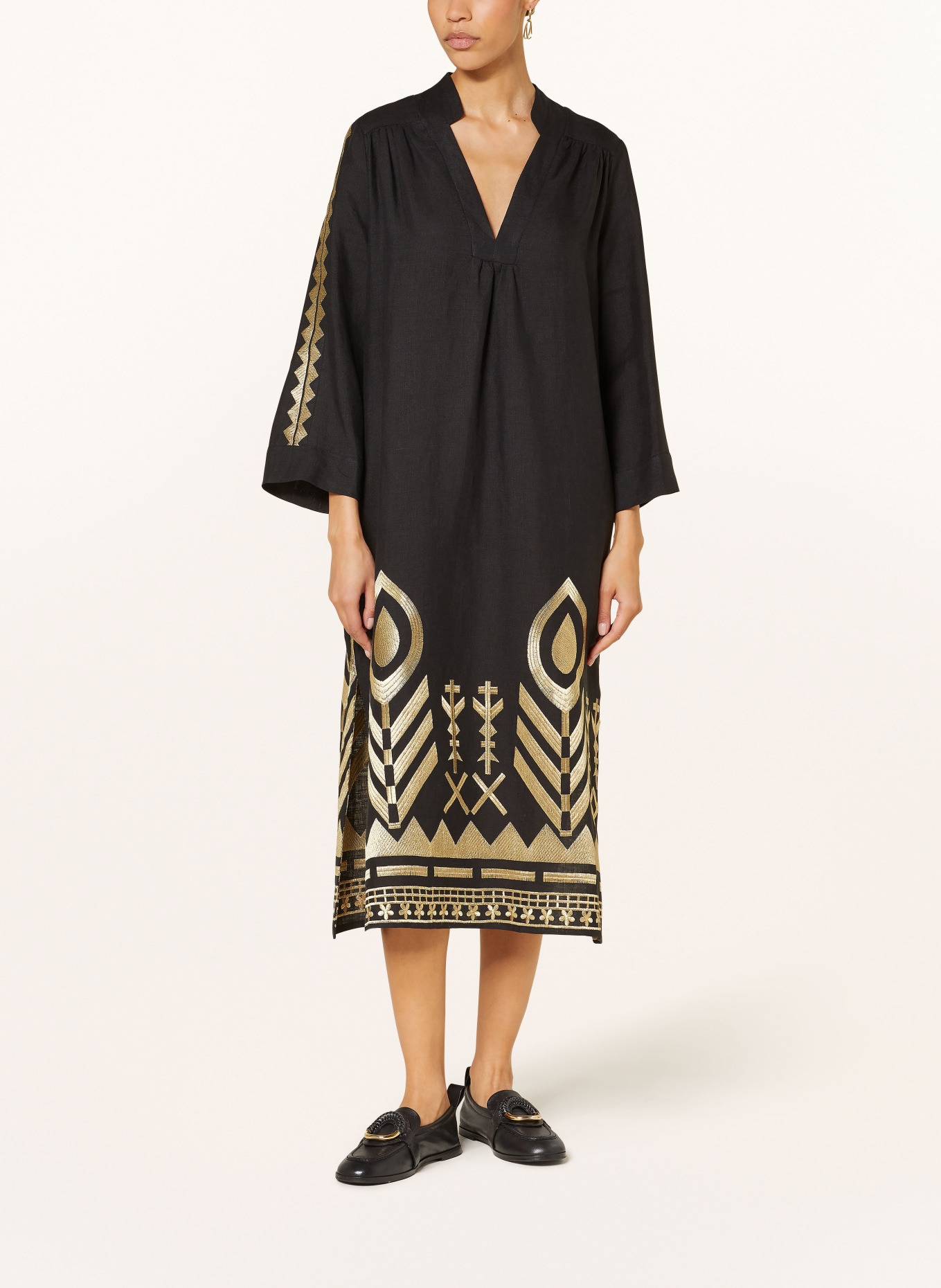 Greek Archaic Kori Beach dress FEATHER in linen with 3/4 sleeves, Color: BLACK/ GOLD (Image 2)