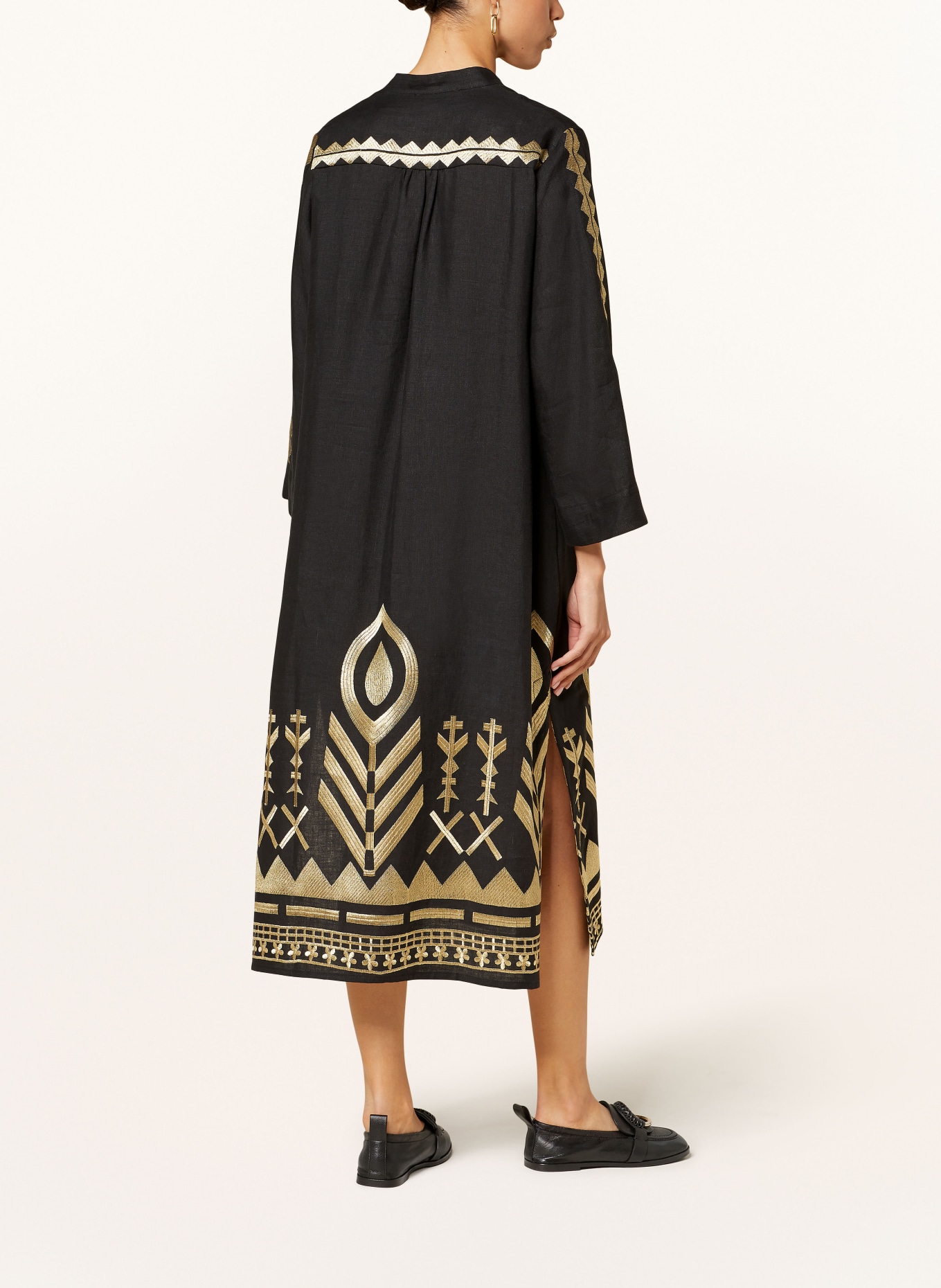 Greek Archaic Kori Beach dress FEATHER in linen with 3/4 sleeves, Color: BLACK/ GOLD (Image 3)
