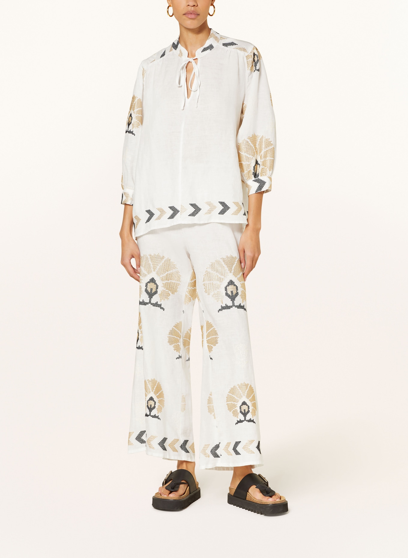 Greek Archaic Kori Shirt blouse MINI PEACOCKS in linen with 3/4 sleeves, Color: WHITE/ GOLD/ DARK BLUE (Image 2)