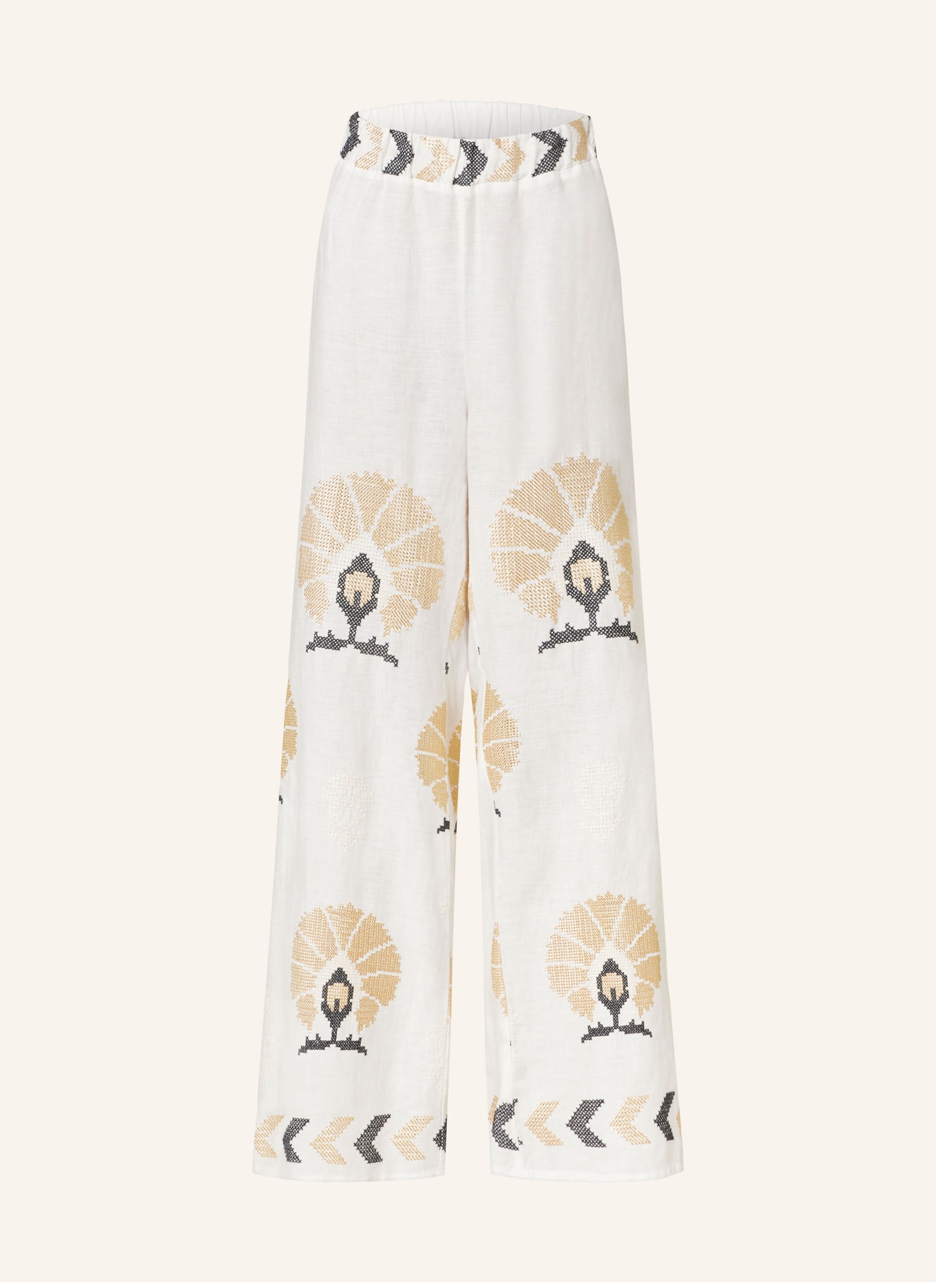 Greek Archaic Kori Linen trousers MINI PEACOCKS, Color: WHITE/ GOLD/ DARK BLUE (Image 1)