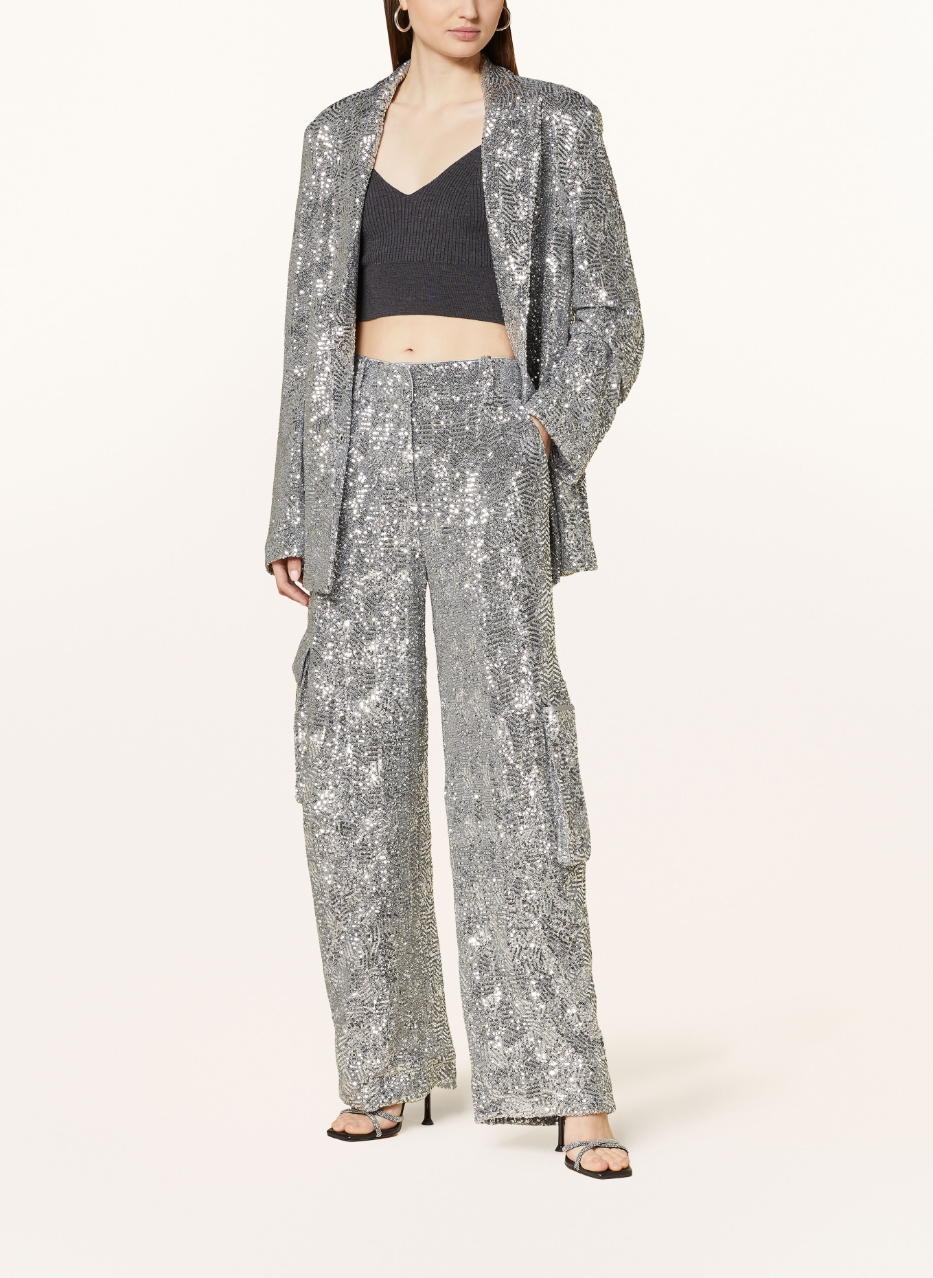 ROTATE Cargo pants with sequins, Color: SILVER (Image 2)
