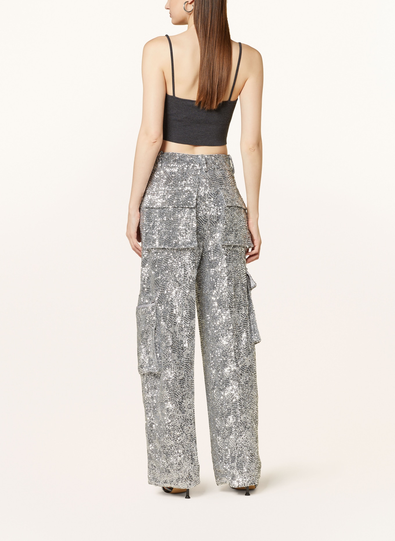 ROTATE Cargo pants with sequins, Color: SILVER (Image 3)