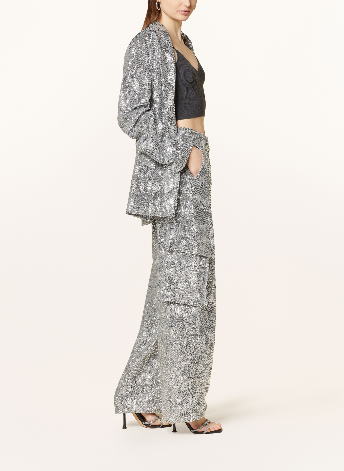 ROTATE Cargo pants with sequins, Color: SILVER (Image 4)
