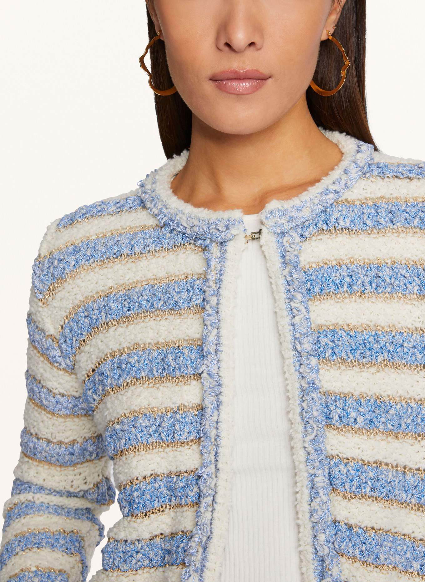rich royal Cardigan with glitter thread in white light blue gold