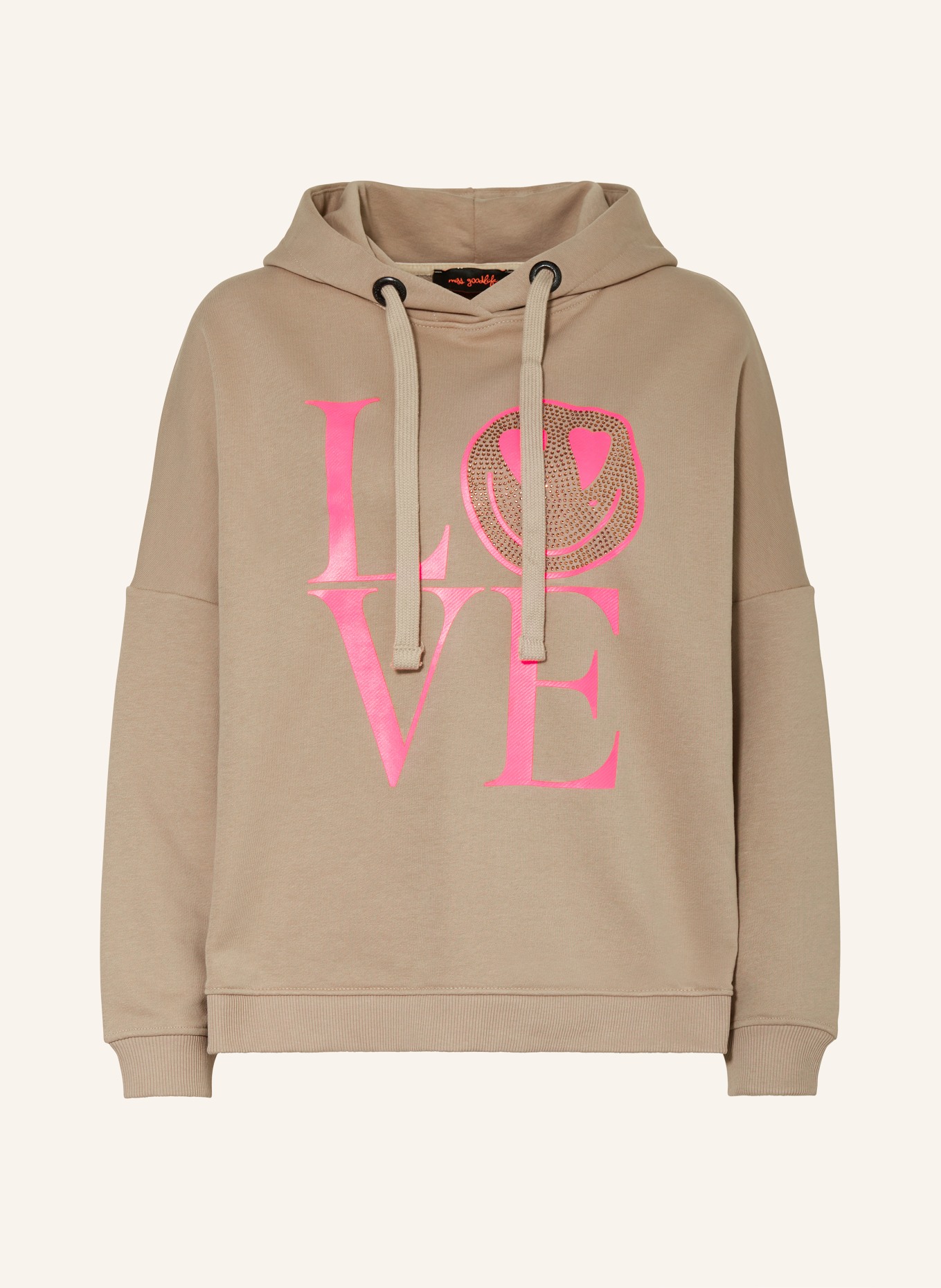 miss goodlife Hoodie with decorative gems, Color: BROWN/ NEON PINK (Image 1)