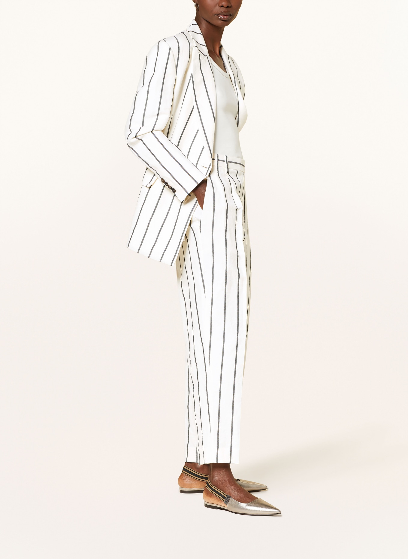 BRUNELLO CUCINELLI Spodnie marlena z dodatkiem lnu, Kolor: ECRU/ CZARNY (Obrazek 4)