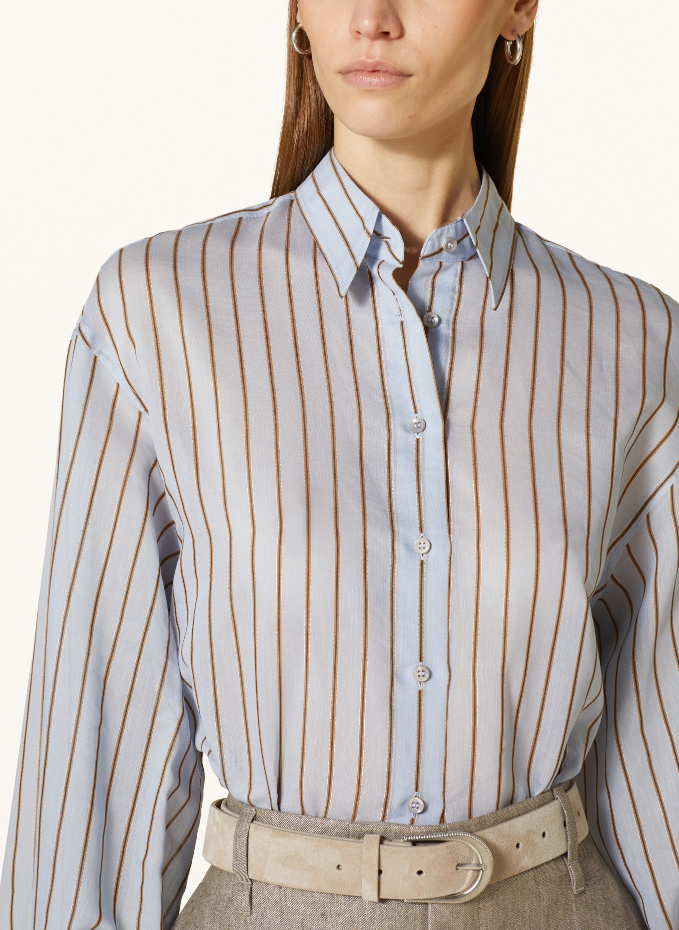 BRUNELLO CUCINELLI Shirt blouse with glitter thread, Color: LIGHT BLUE/ BROWN/ DARK BLUE (Image 4)