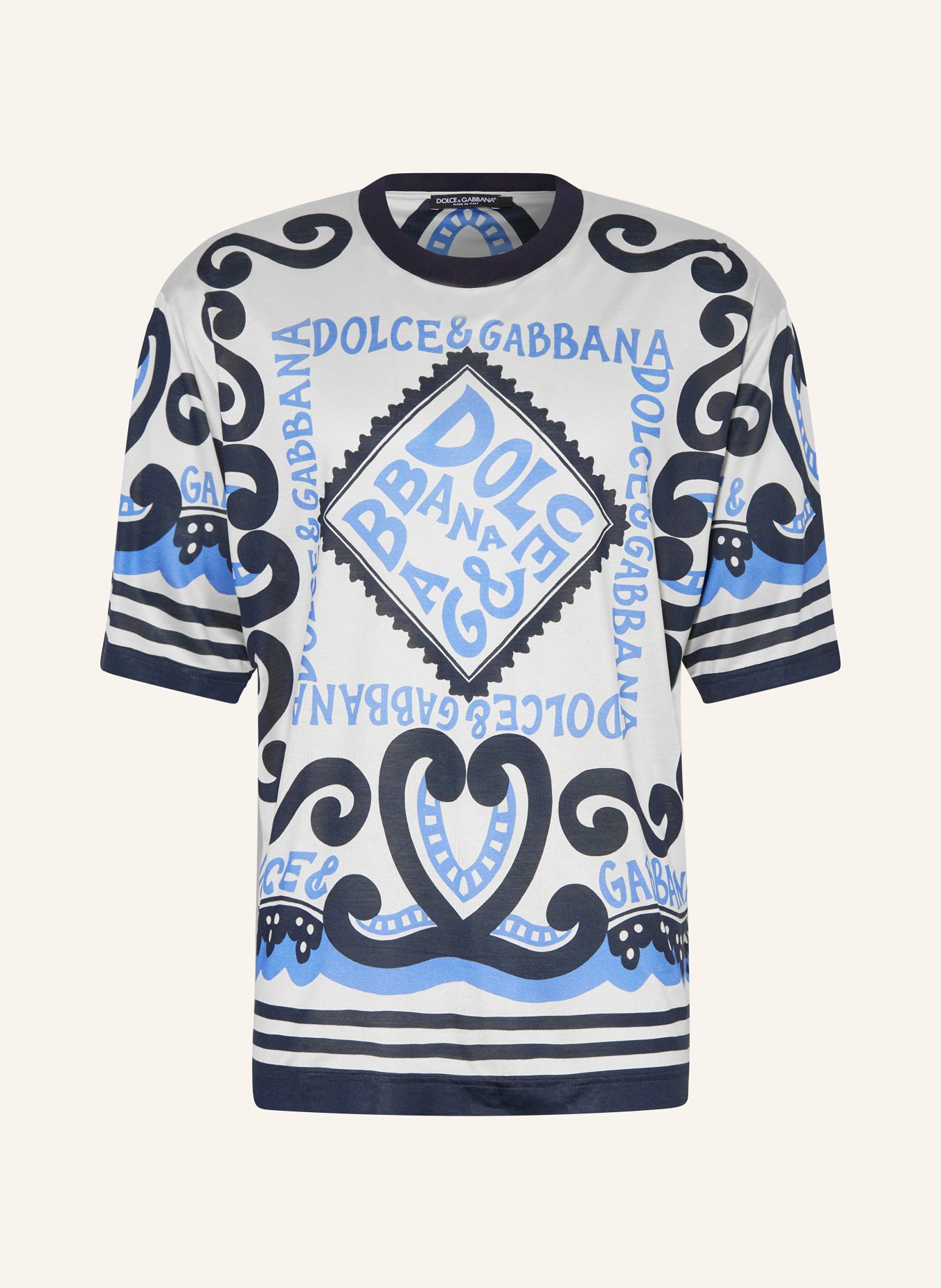 DOLCE & GABBANA T-shirt z jedwabiu, Kolor: ECRU/ NIEBIESKI/ GRANATOWY (Obrazek 1)