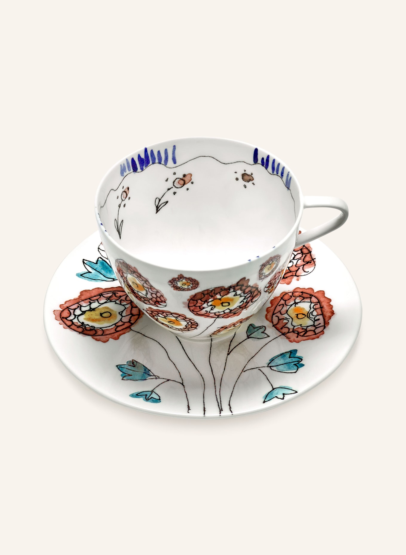 SERAX Set of 2 coffee cups MIDNIGHT FLOWERS ANEMONE with saucer, Color: WHITE/ RED/ BLUE (Image 2)