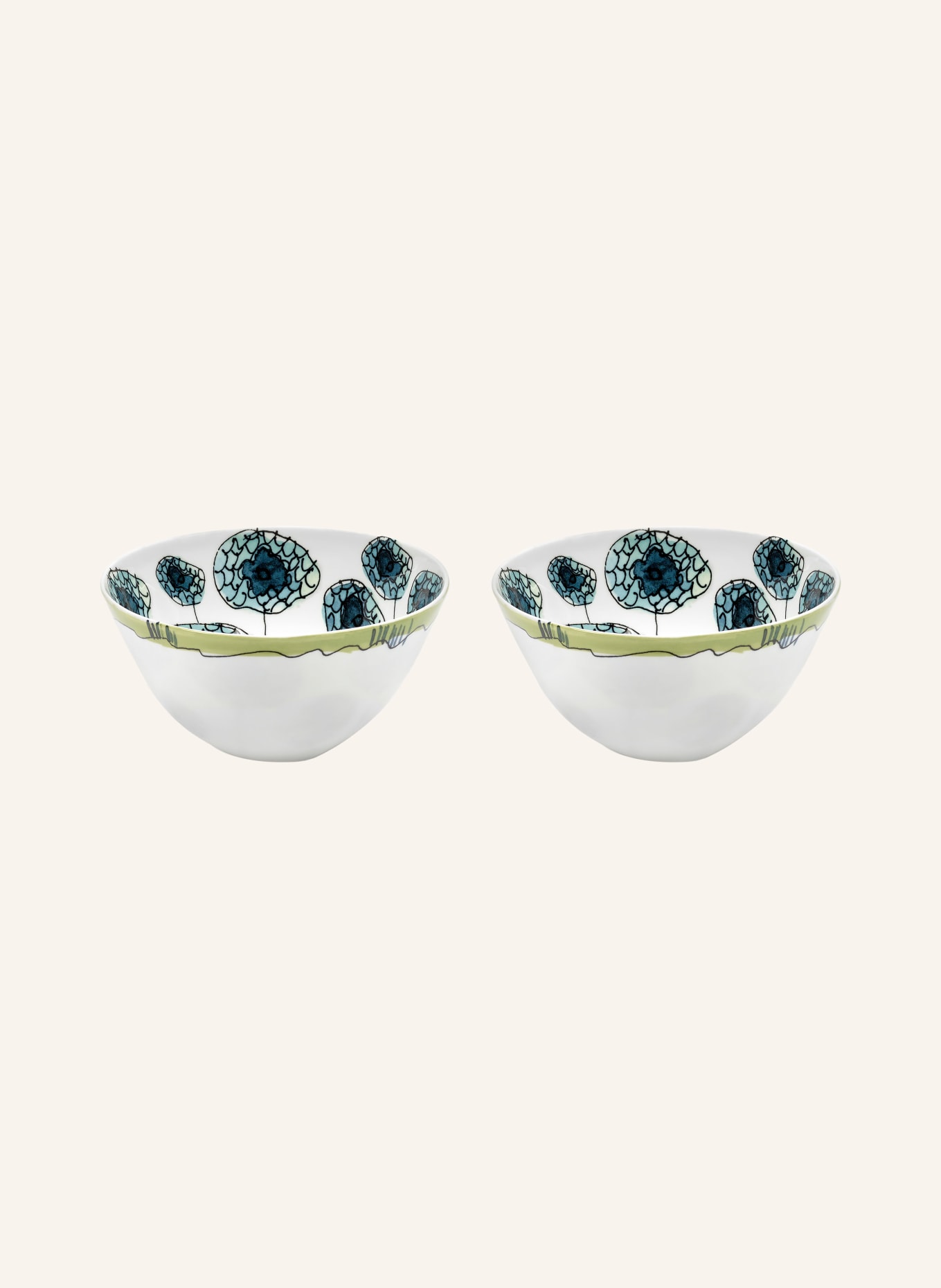 SERAX Set of 2 bowls MIDNIGHT FLOWERS ANEMONE M, Color: WHITE/ TEAL/ BLUE (Image 1)