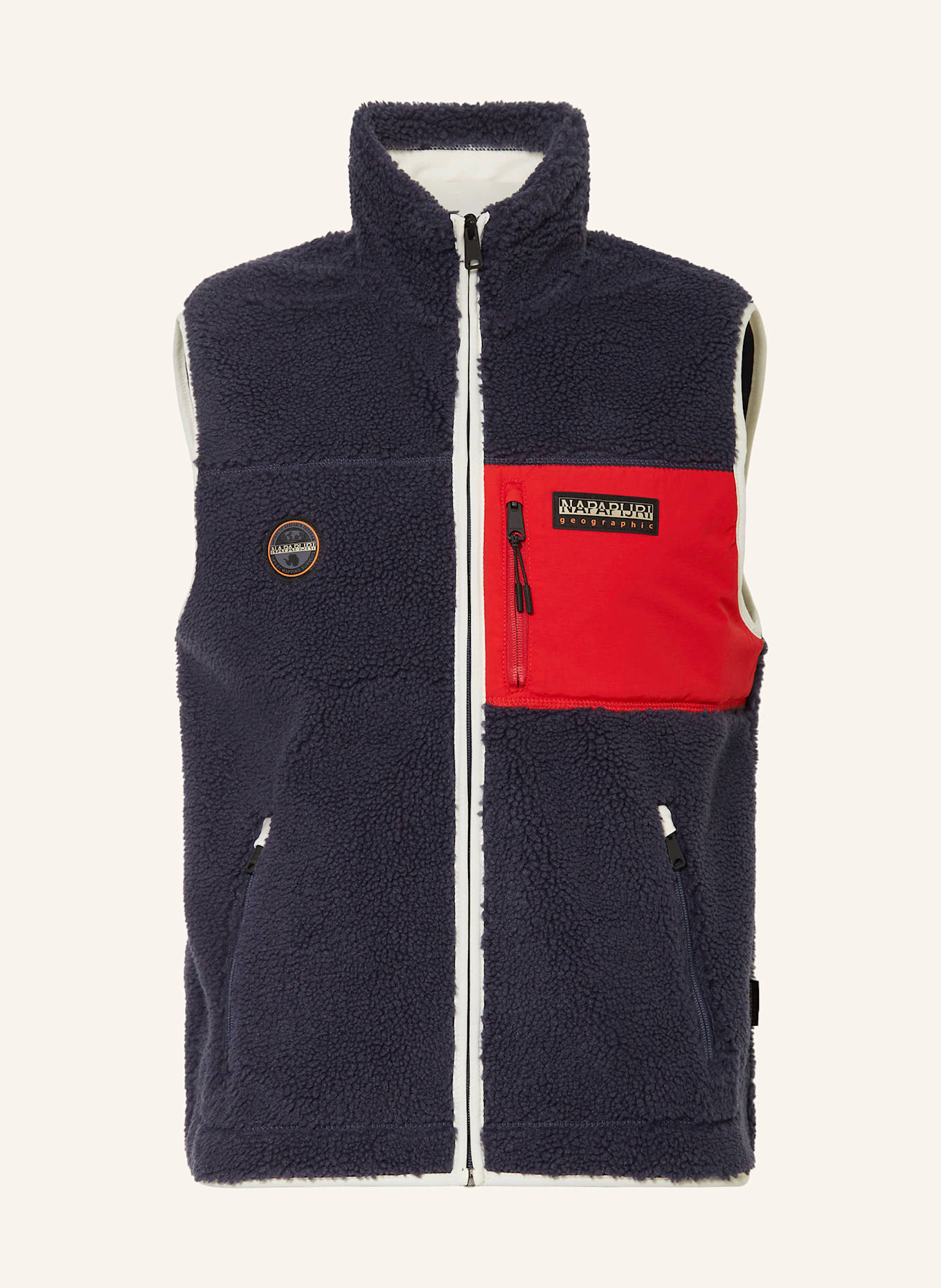 NAPAPIJRI YUPIK V teddy fur vest: DARK BLUE/ RED