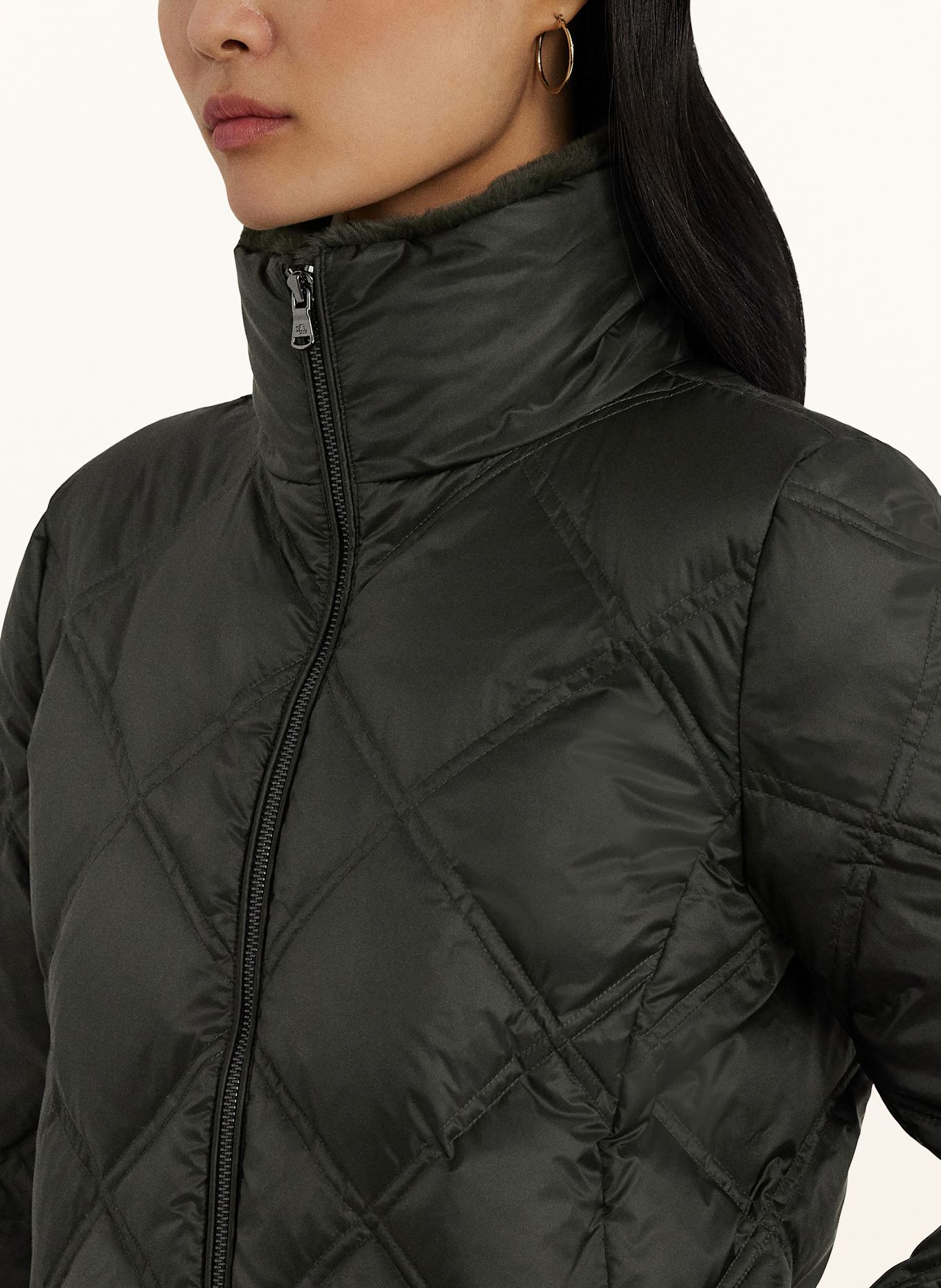 LAUREN RALPH LAUREN Péřový kabát s umělou kožešinou: TMAVĚ ZELENÁ