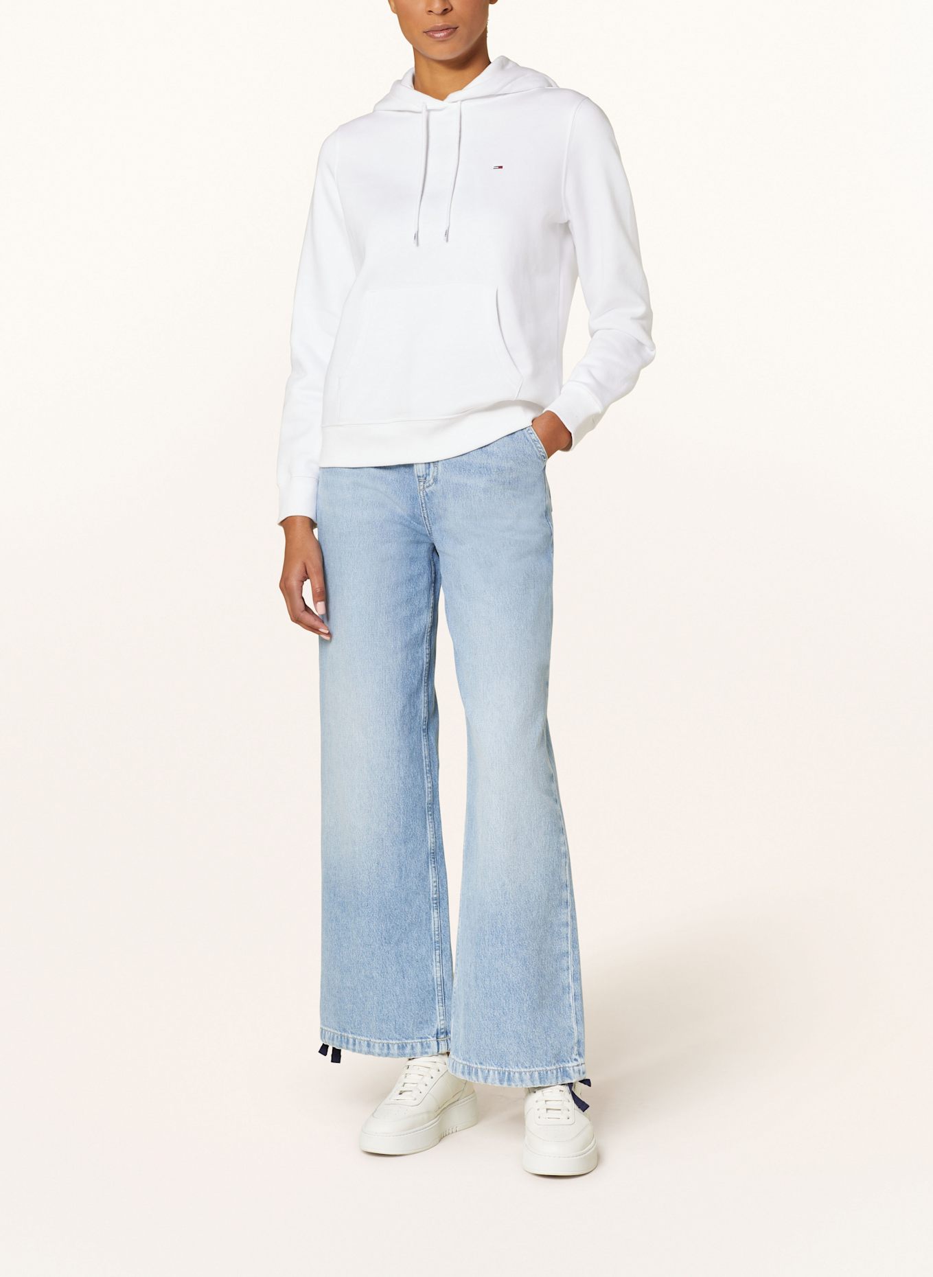 White hoodie blue jeans sale