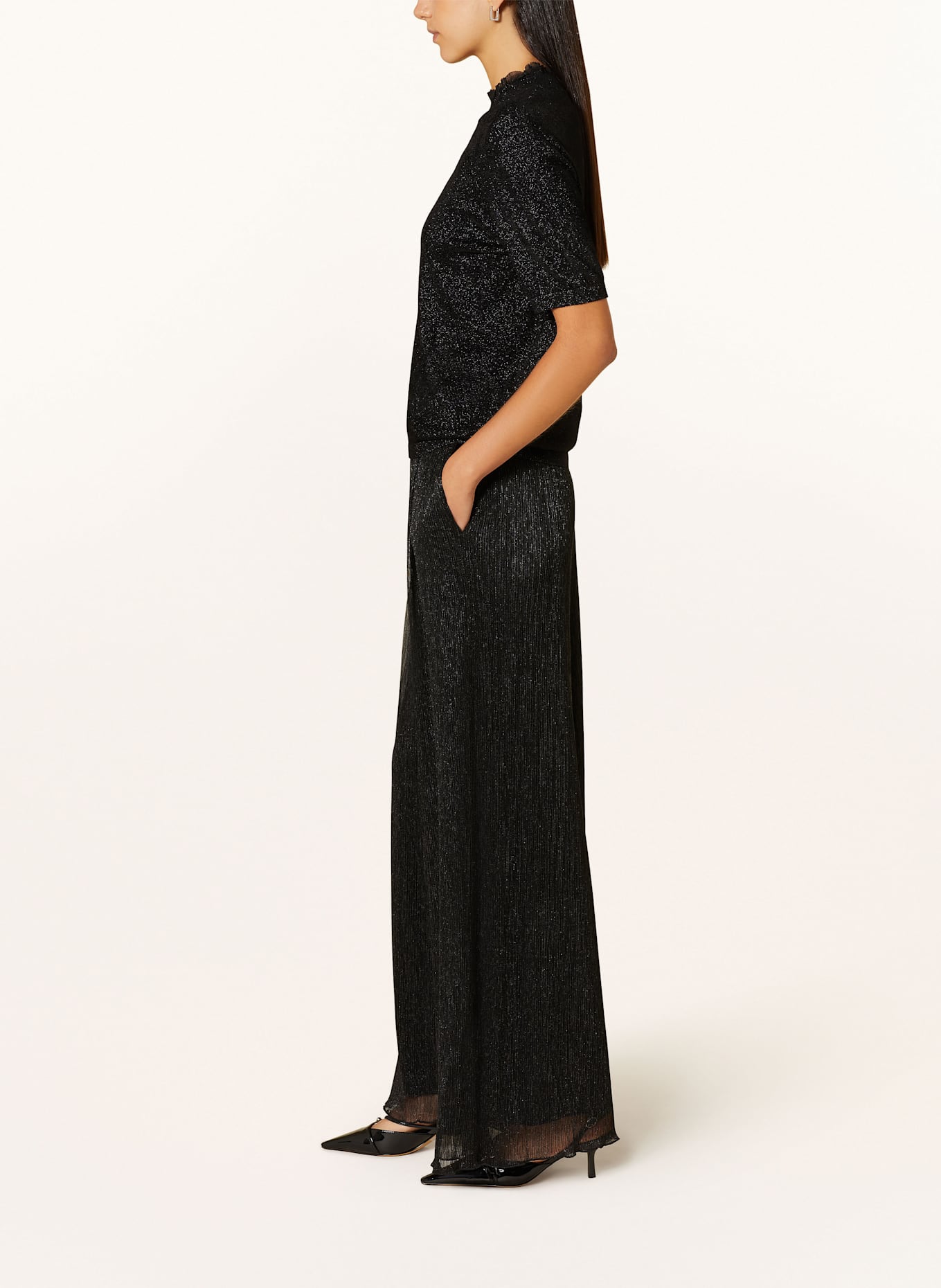 MARC CAIN Wide leg trousers with glitter thread: 900 BLACK