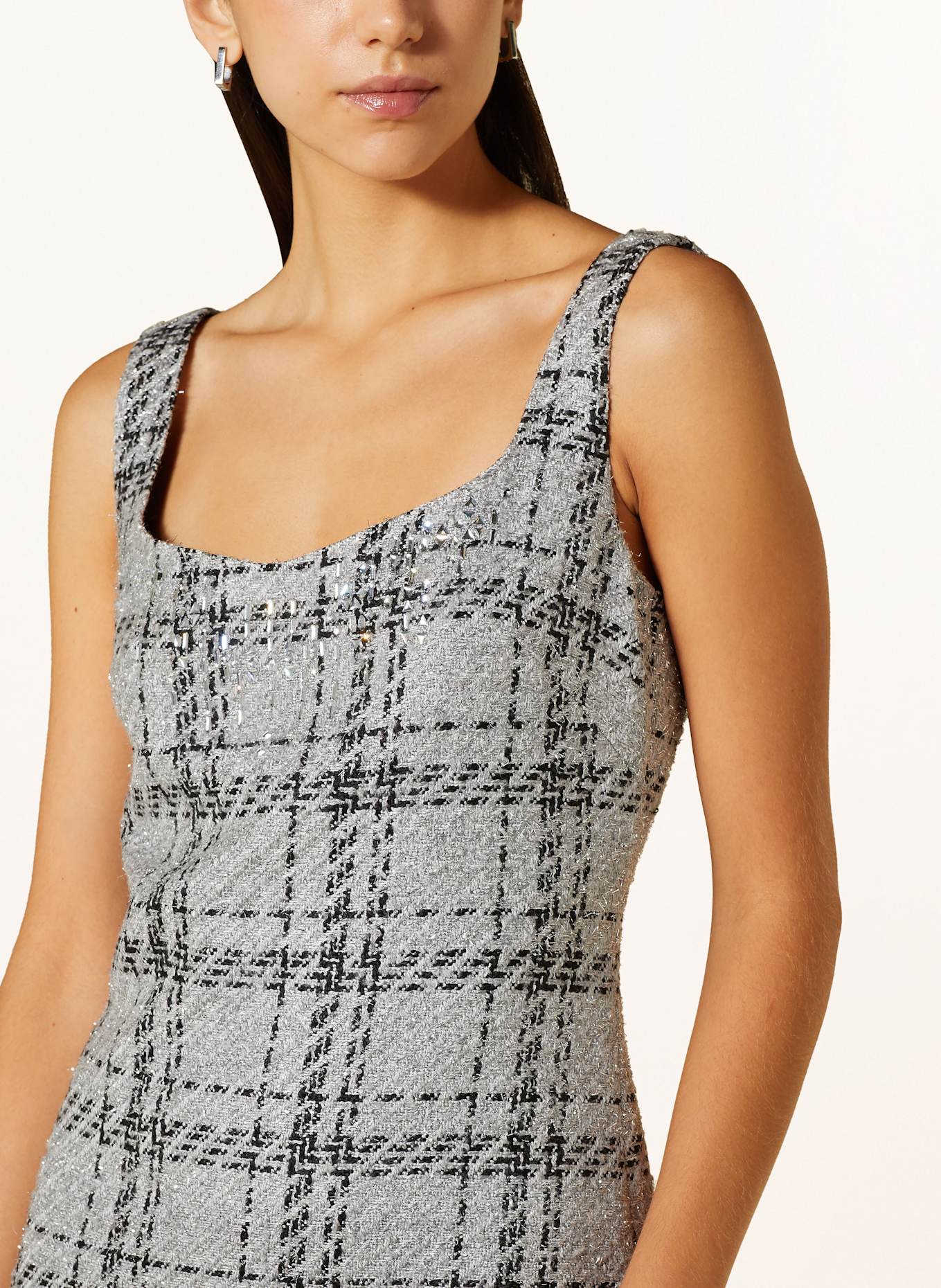 MARC CAIN Tweed-Kleid mit Glitzergarn und Schmucksteinen: 801 platinum grey