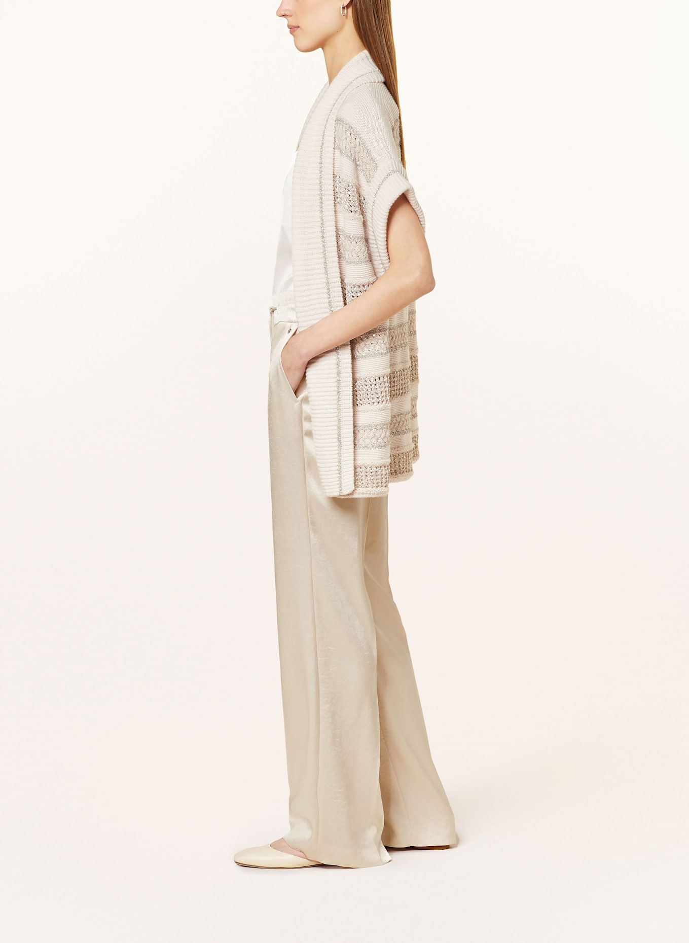 MARC CAIN Pantalon mariné en satin avec pierres décoratives: 127 deep pearl