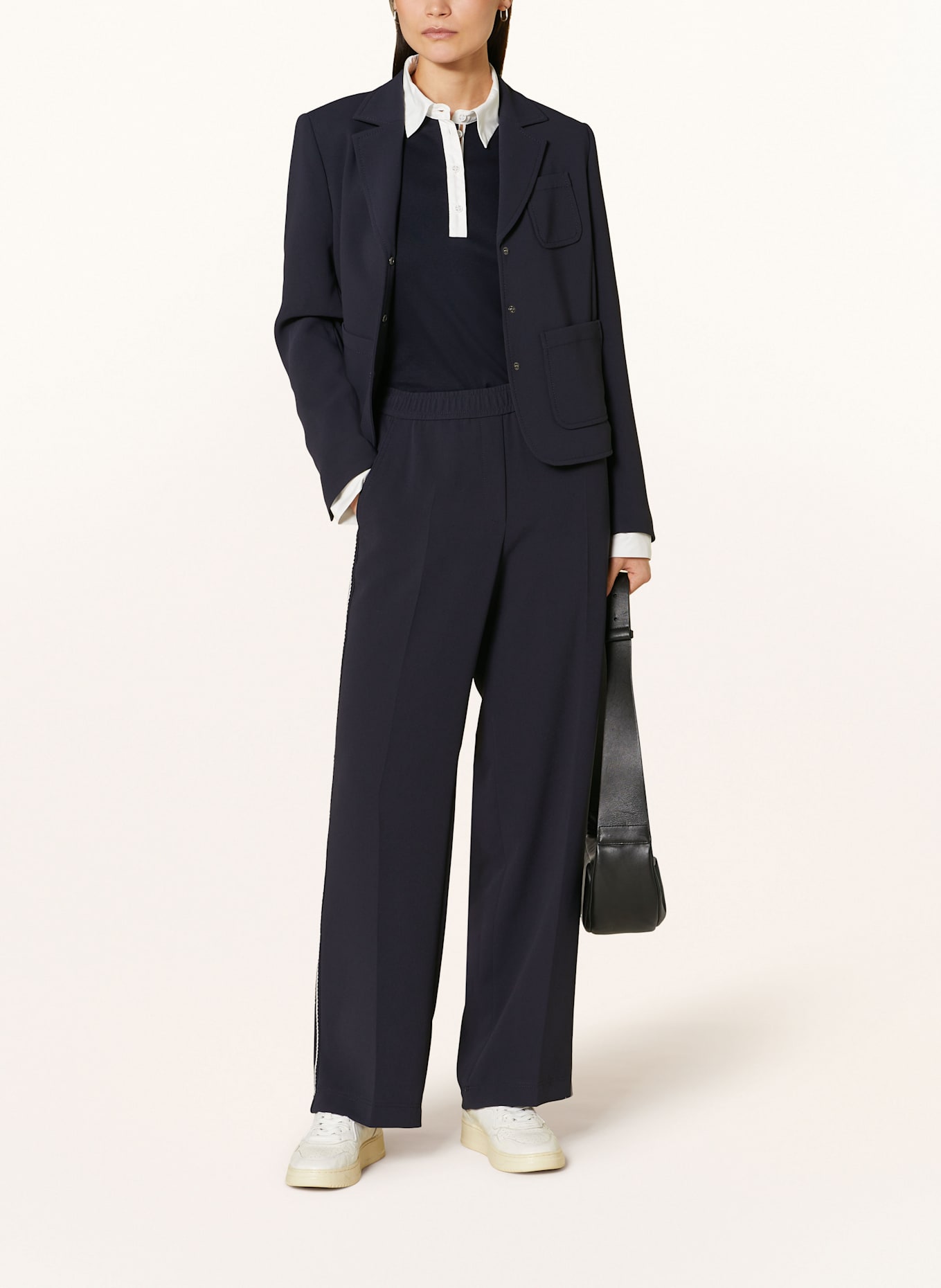 MARC CAIN WASHINGTON wide leg trousers with tuxedo stripes: 394 navy