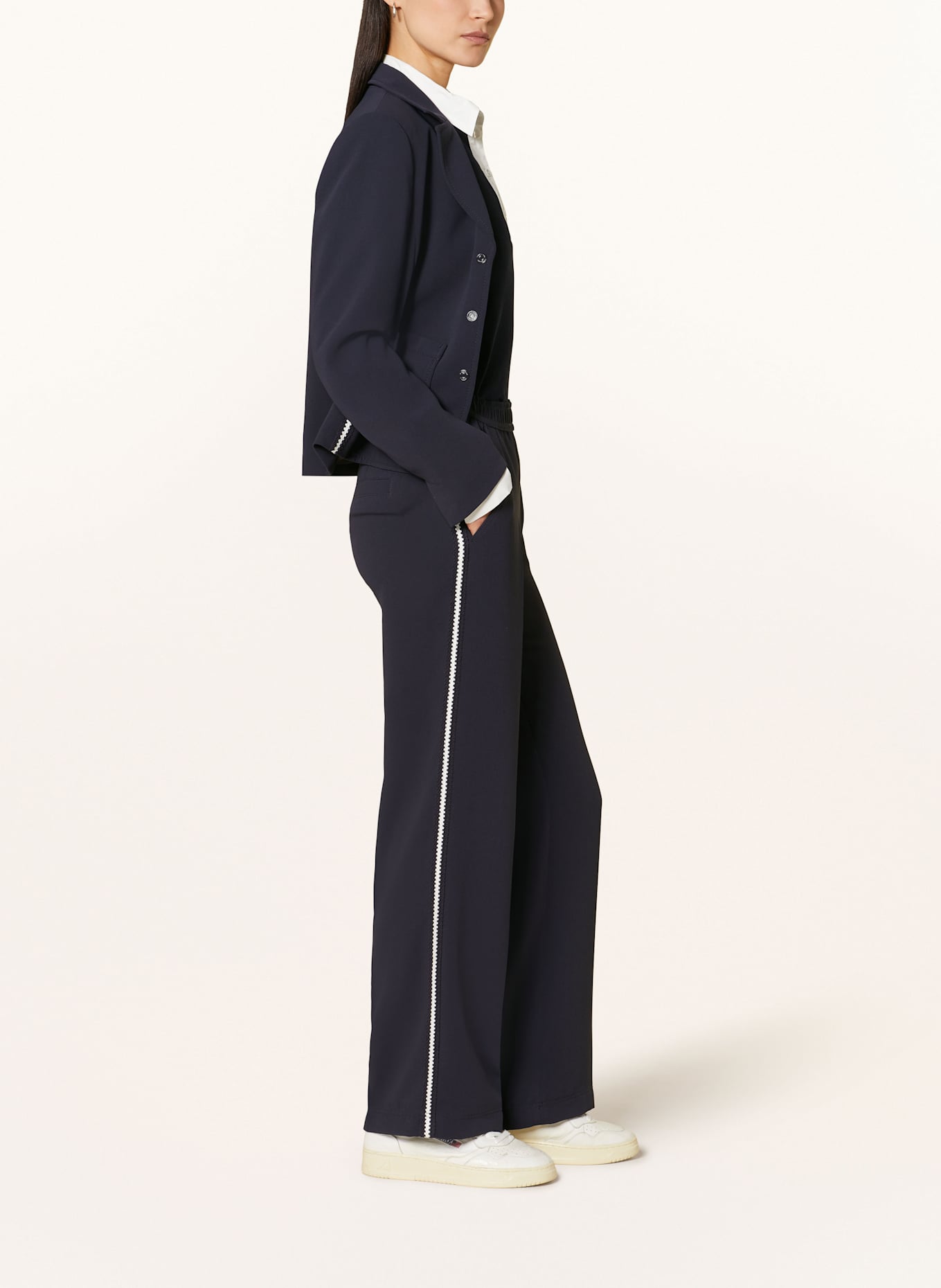 MARC CAIN WASHINGTON wide leg trousers with tuxedo stripes: 394 navy