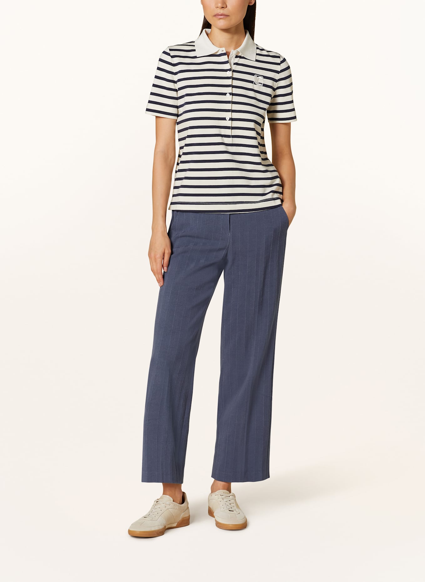 LUISA CERANO Strick-Poloshirt: ECRU / DUNKELBLAU