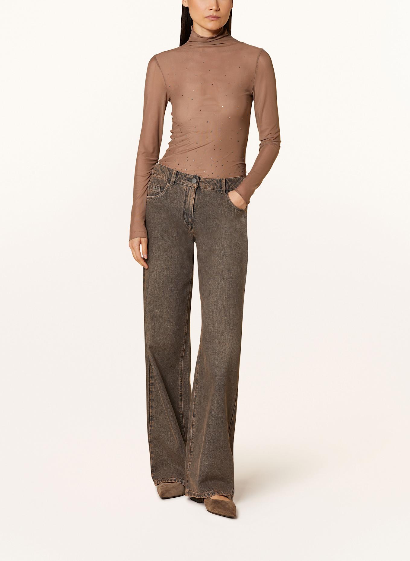 LUISA CERANO Mesh long sleeve shirt with decorative gems: BEIGE