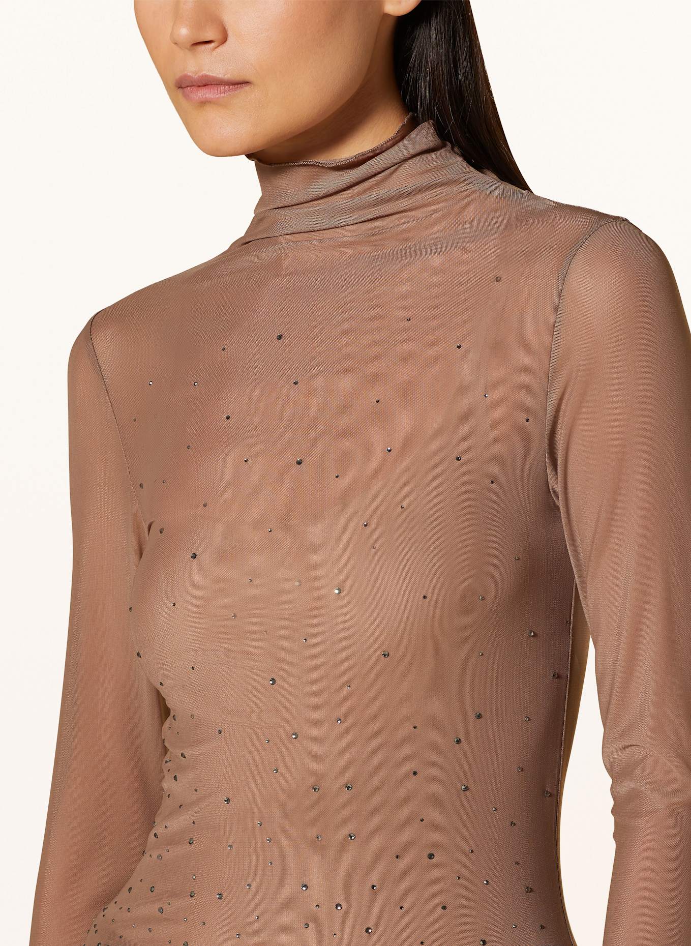 LUISA CERANO Mesh long sleeve shirt with decorative gems: BEIGE