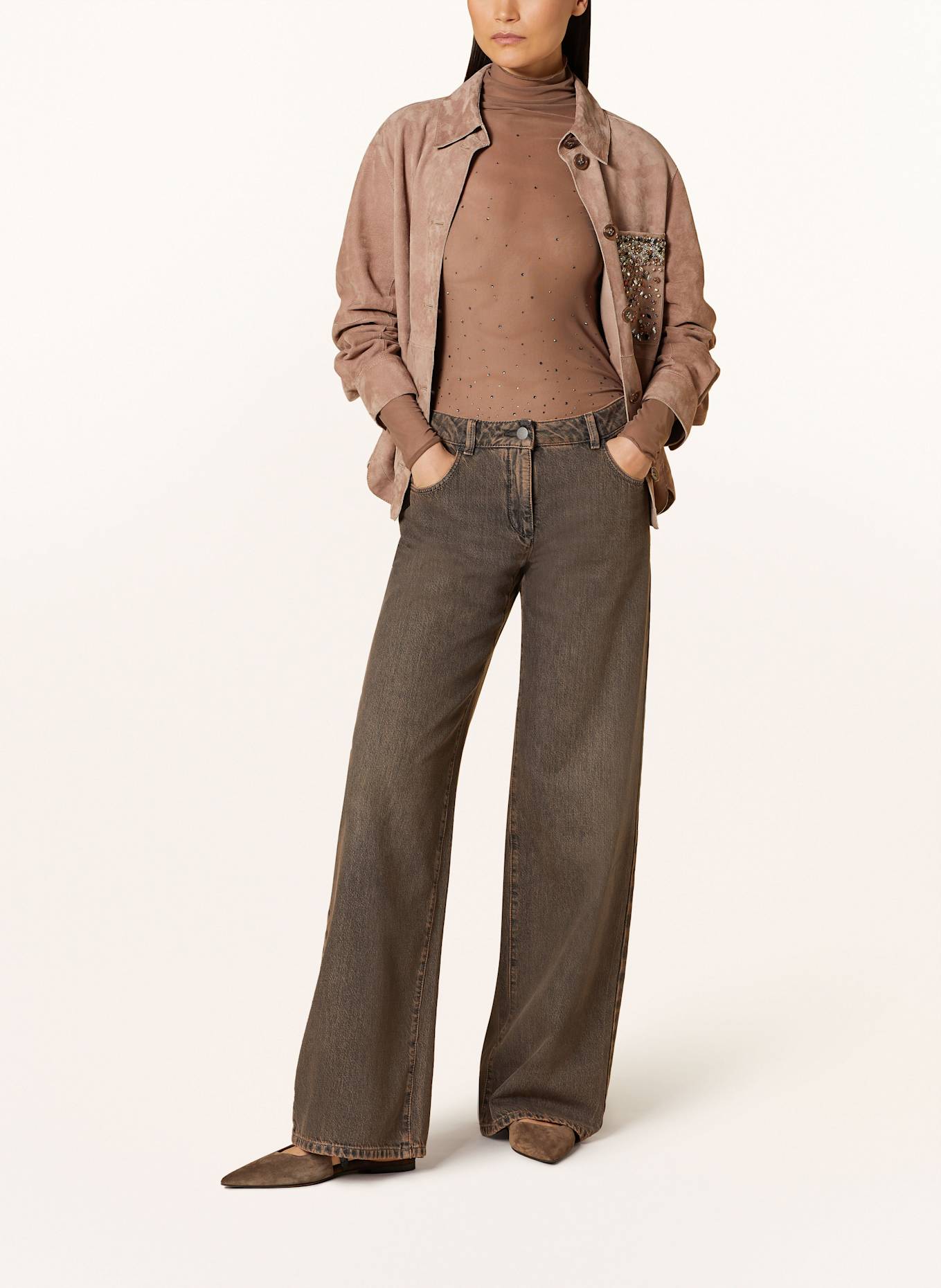 LUISA CERANO Mesh long sleeve shirt with decorative gems: BEIGE