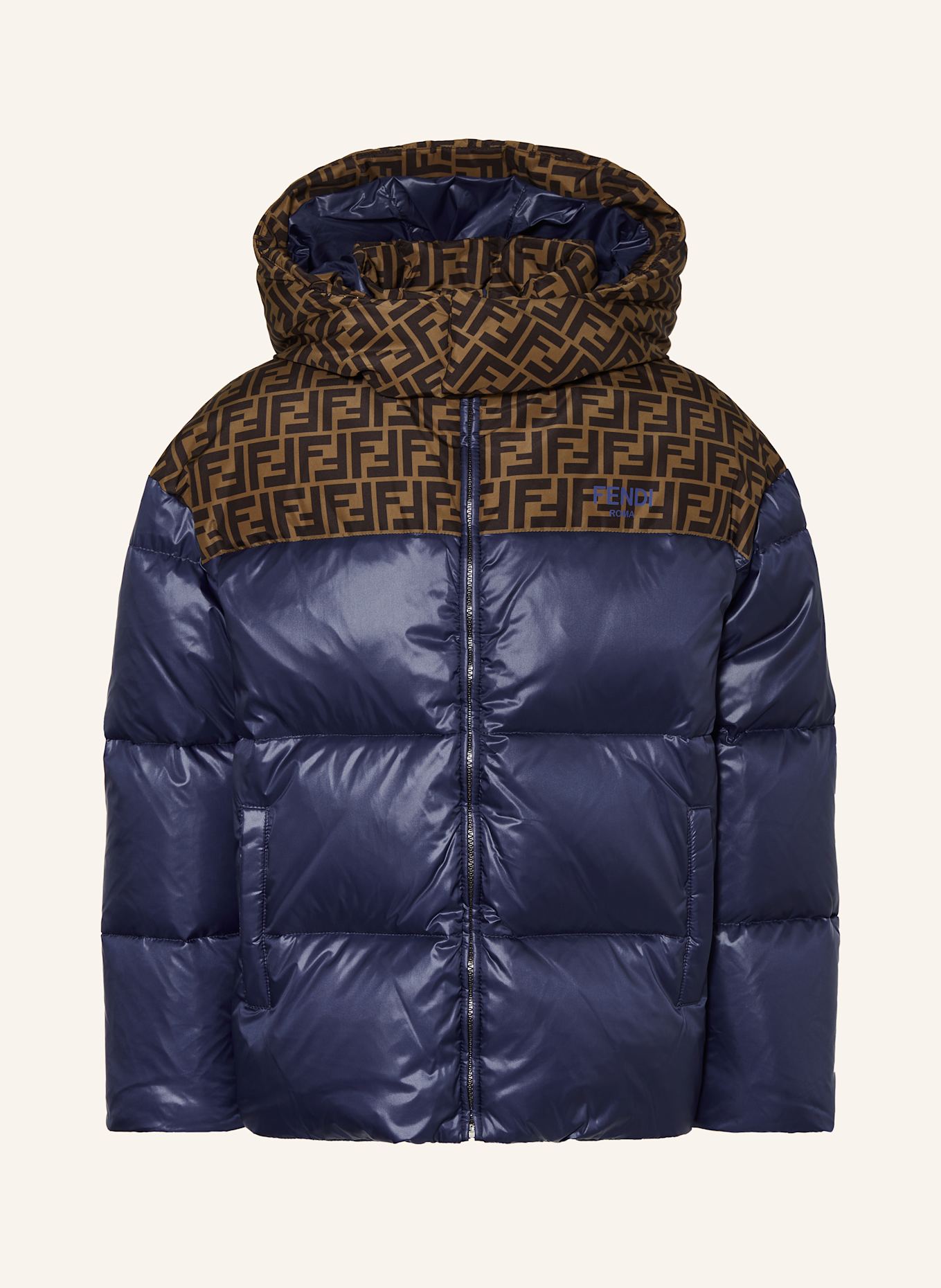 FENDI Down jacket with removable hood: DARK BLUE / DARK BROWN