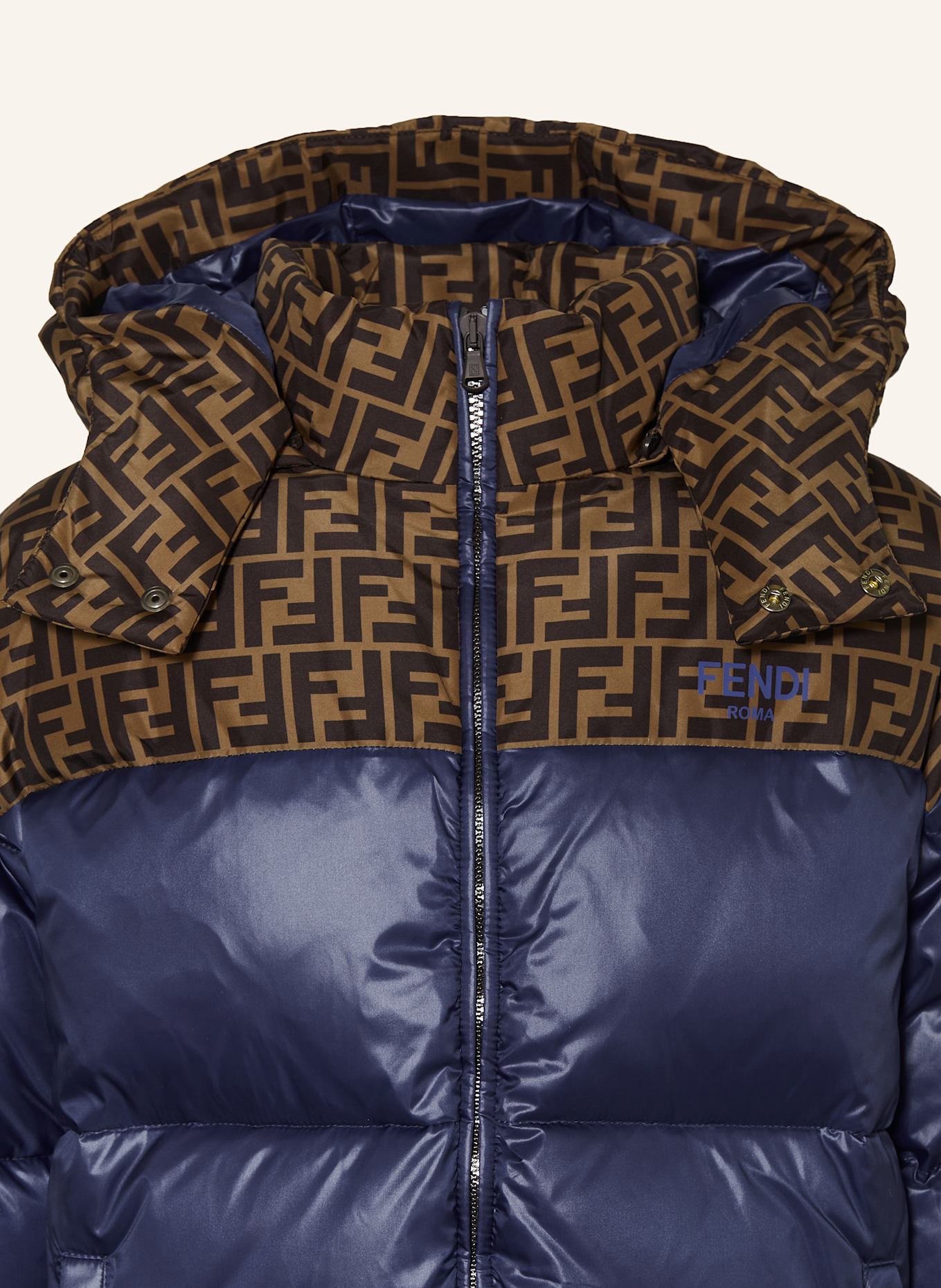 FENDI Down jacket with removable hood: DARK BLUE / DARK BROWN