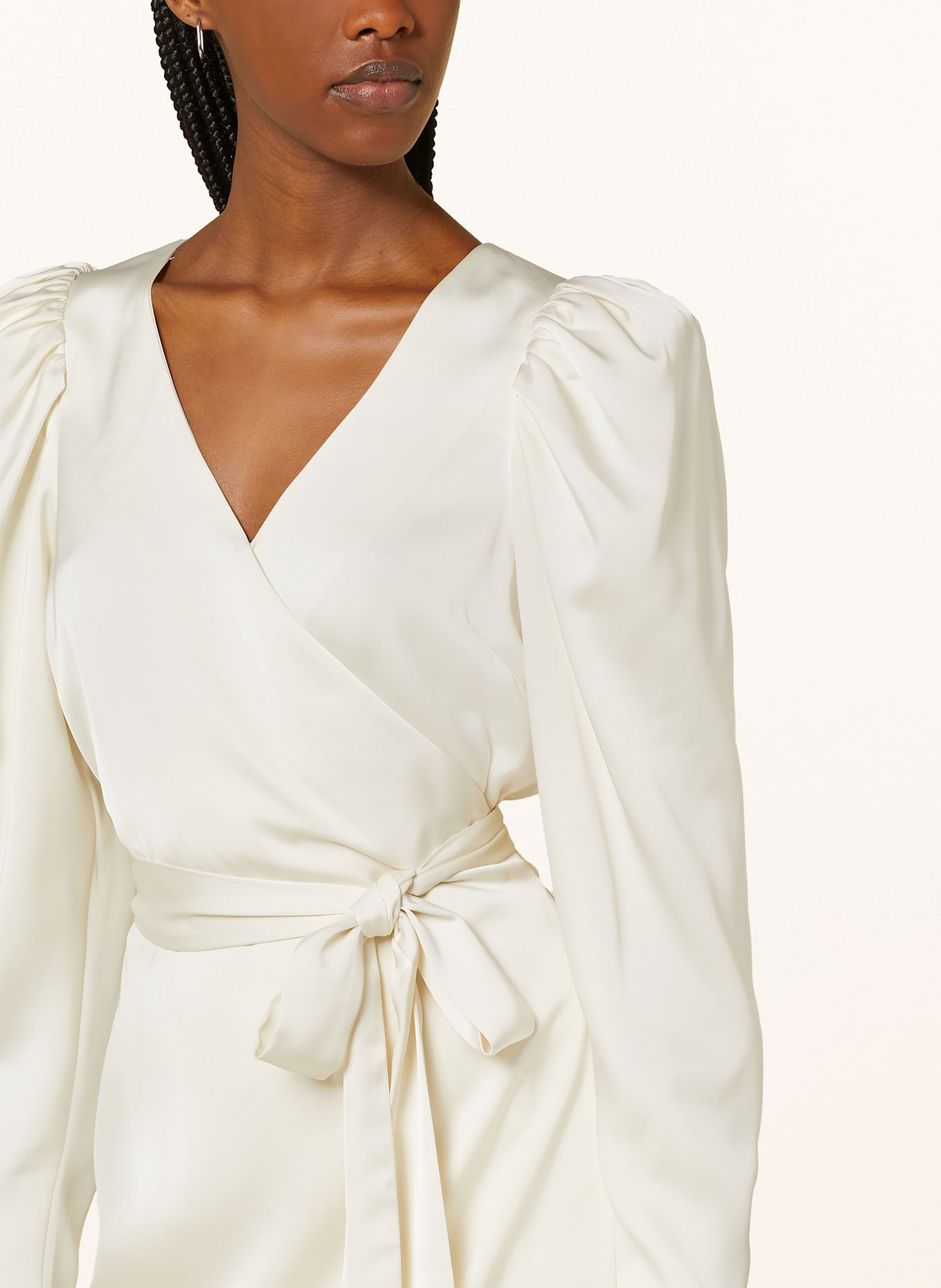 Satin white wrap dress deals