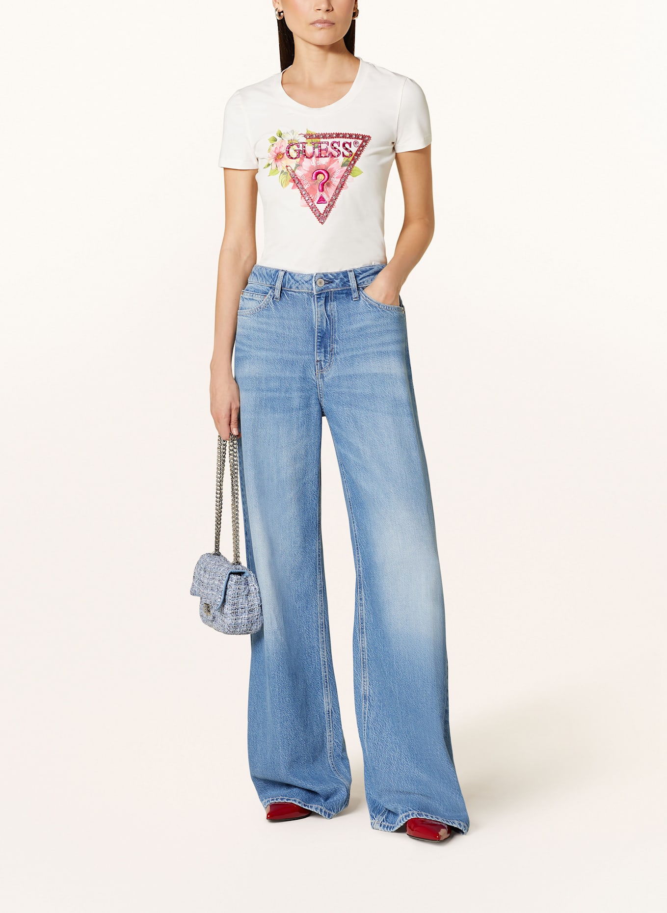 GUESS T-Shirt mit Schmucksteinen: CREME