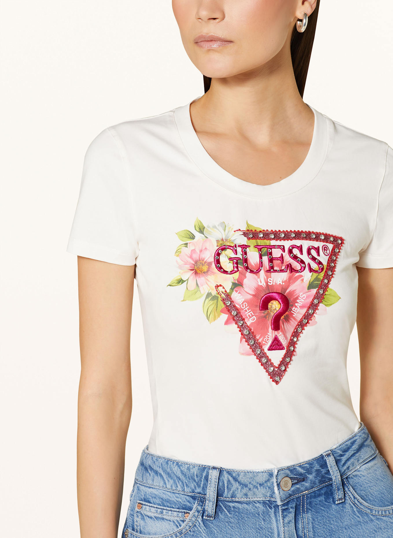 GUESS T-Shirt mit Schmucksteinen: CREME