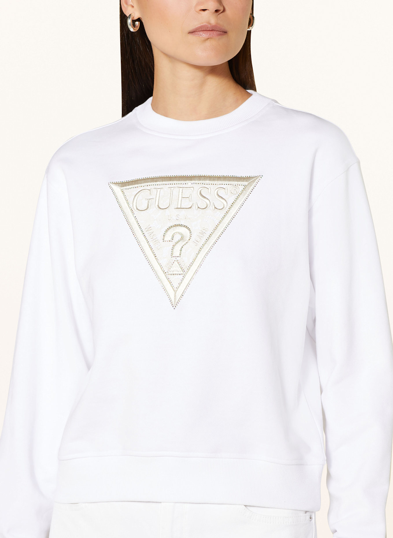 GUESS Sweatshirt mit Schmucksteinen: WEISS