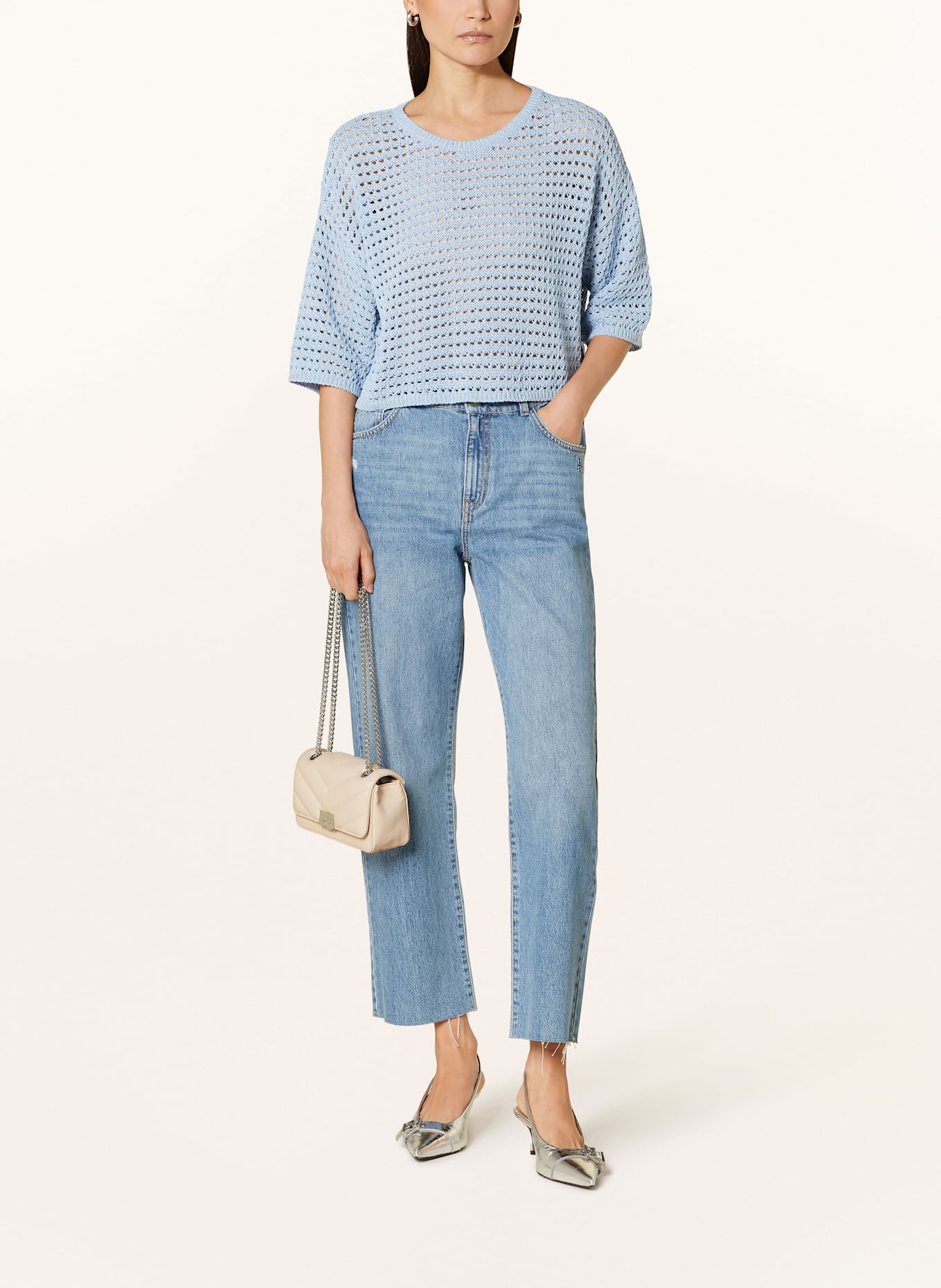 RIANI Cropped-Strickshirt mit 3/4-Arm und Glitzergarn: HELLBLAU