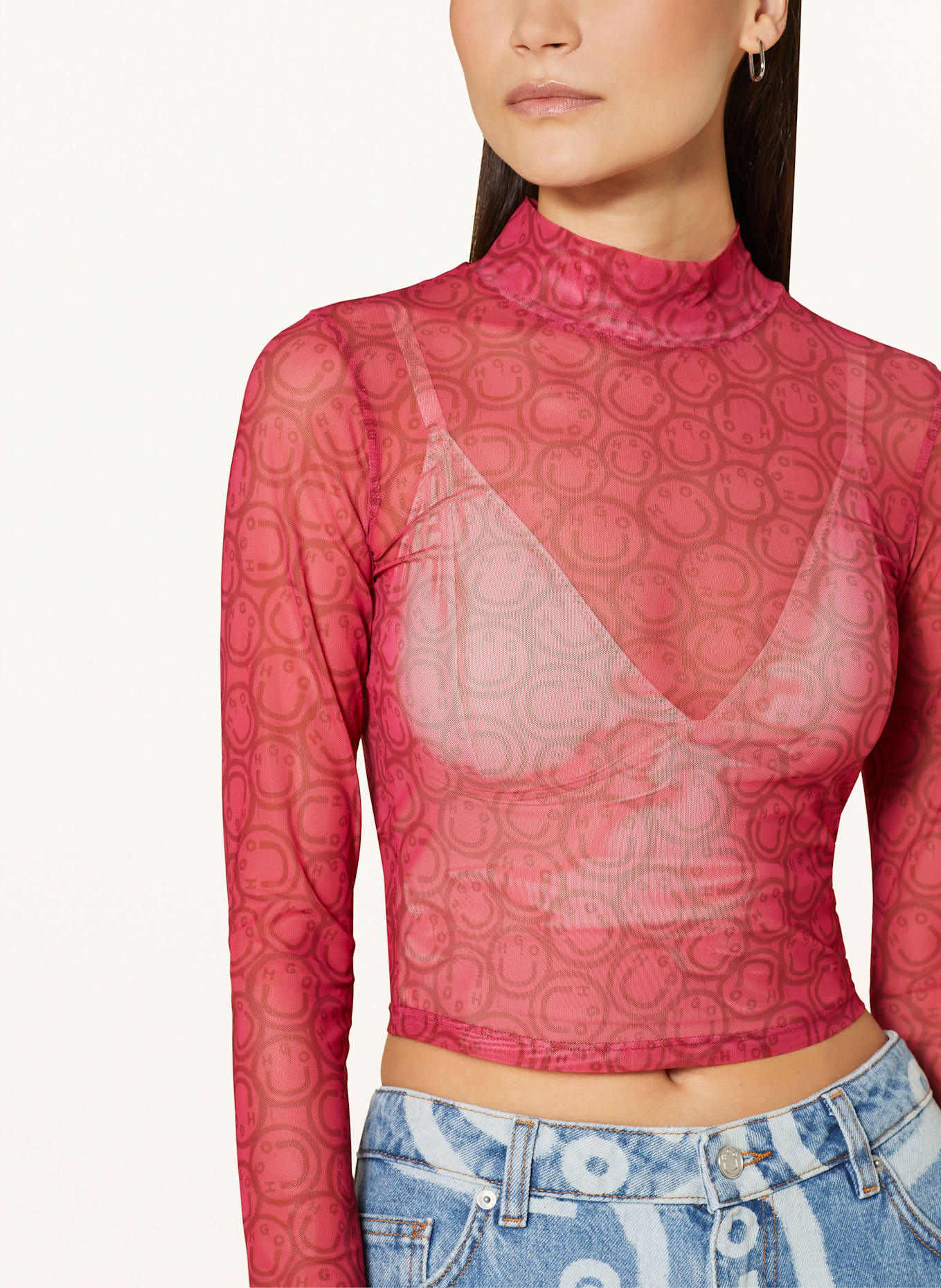HUGO BLUE Longsleeve DASORI aus Mesh: ROT/ DUNKELROT