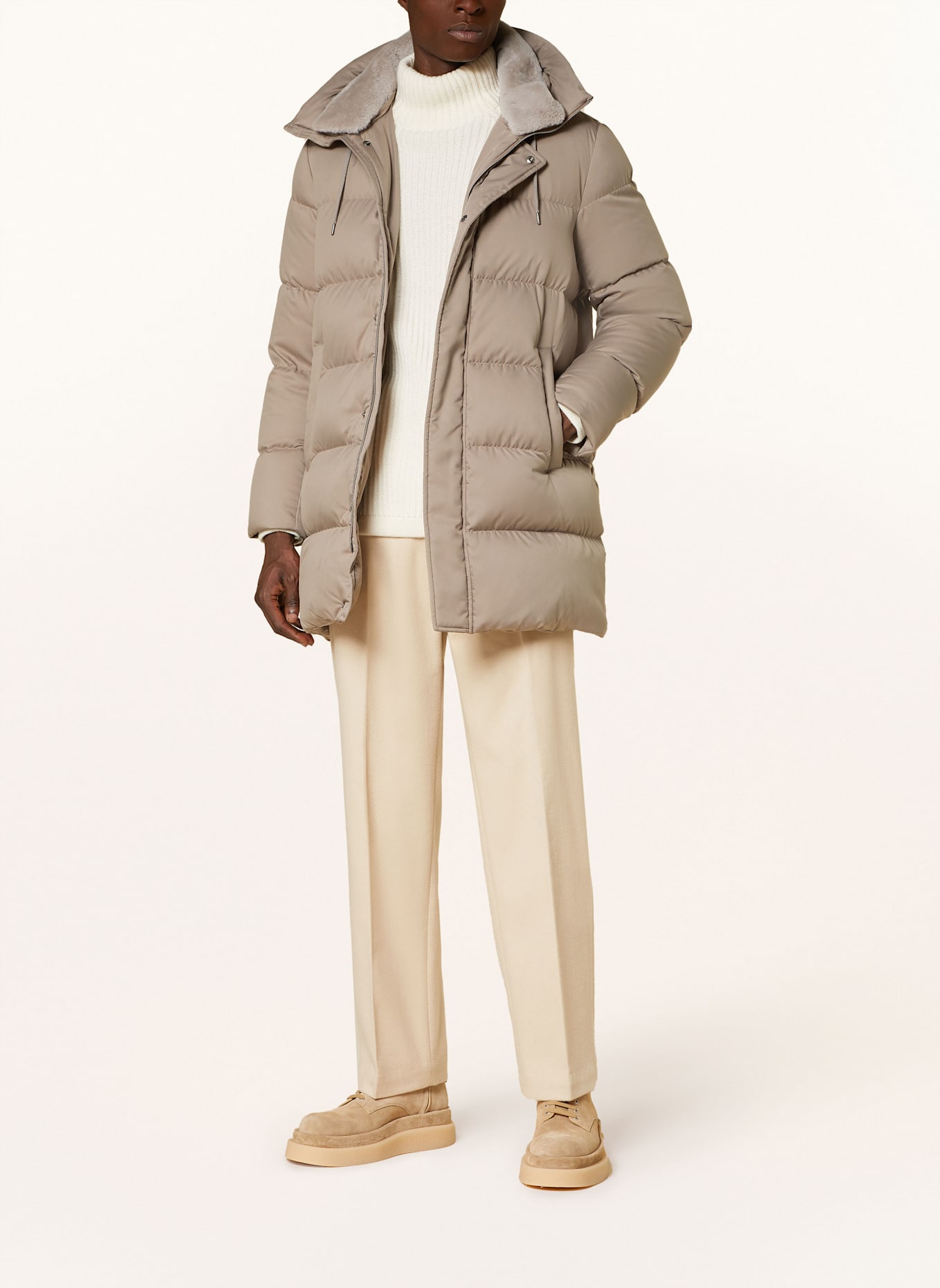 HERNO Péřová bunda s odnímatelnou umělou kožešinou: ČERNOŠEDÁ